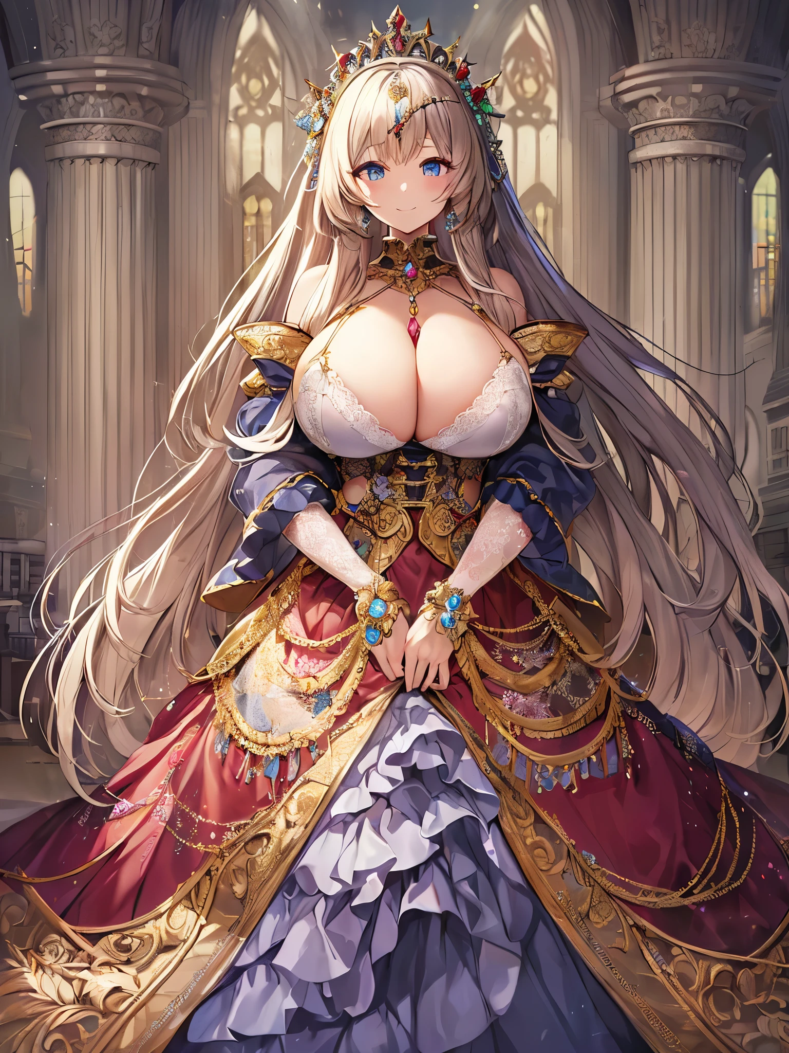 ((moe anime artstyle)),((Masterpiece)),(Best Quality),((Super Detail)),((Very Delicate and Beautiful)),((Solo)),full body,full body portrait,(((1 bling-bling princess in beautiful embroidery and jeweled gorgeous rococo ballgown with voluminous full length crinoline hoop skirt))),(((((absurdly gigantic ,absurdly sagging tits),(cleavagentation,(detailed face and eyes,gentle smile),jewel-like eyes,((crinoline,long train,beautiful embroidery and lace)),super detailed voluminous gorgeous rococo ballgown with voluminous full length crinoline hoop skirt,((bling-bling voluminous gorgeous rococo princess ballgown with beautiful embroidery and jeweled)),((Very Long Straight Hair,large amount of straight hair, absurdly long Straight hair)),extremely gorgeousfull hair ornament,(extremely gorgeous jeweled big tiara),luxurious jewelry,((beautiful embroidery and jeweled gorgeous rococo ballgown with voluminous full length crinoline hoop skirt)),full body,((fantasy castle,throne room))
