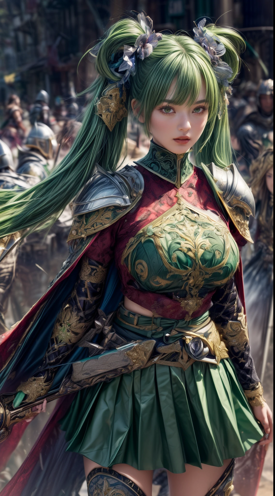 Very beautiful woman、Slender women、(((low length)))、(Detailed face)、Realistic Skin、((holy knight)), ((Light Green Armor))、((((Black armor with very fine and intricate decoration:1.1))))、((Delicate photo)),(Girl Astepeace RAW Photo Details:1.25), (highest quality:1.6), (超A high resolution:1.5), (Realistic:1.75), 8K resolution, Canon EOS R5, 50mm, Absurd, Ultra-detailed,Cinema Lighting,((battlefield))、((battle))、(((Decorative green skirt)))、Thigh-high socks、Shin Guards、((Light green hair))、((Twin tails))、((Hairstyle with bangs))、Get six-pack、Cape、Beautiful Armor、(((Has a huge weapon)))、(In combat)、The wind is blowing、((Symmetrical Armor))、((((tornado))))、(((Leading a large group of knights:1.2)))、Banner、Lion-themed armor
