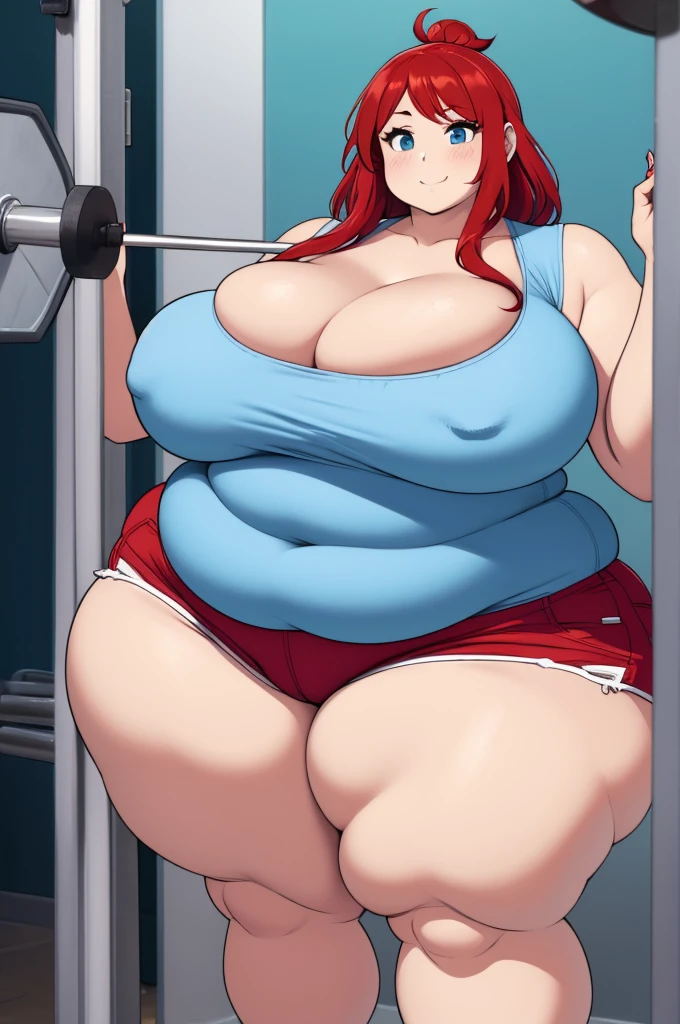 make redhaired ssbbw fat girl in too tight shorts she's work out at the gym