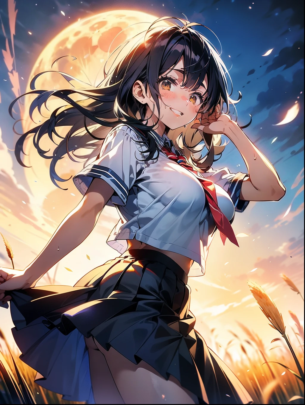 In 8K、highest quality、masterpiece、Ultra-detailed、Ultra-high resolution、Anime Style、1. High school girl、uniform、Pampas grass field、full moon、moonlight、Check skirt、Skirt fluttering in the wind、dance、fun、sweating、Big Breasts