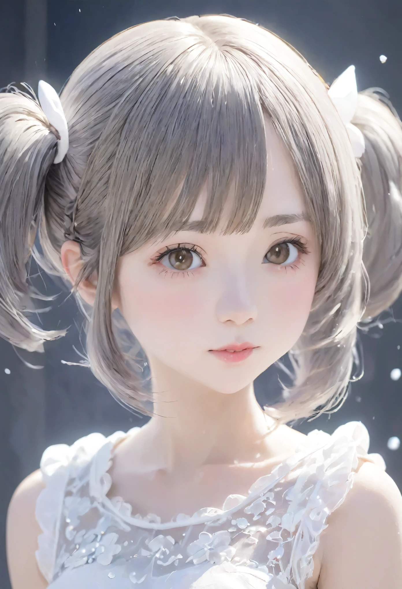 High resolution, high resolution, High detail,, Anatomically correct, sharp, gray bachairground、((Japanese)), alone,snow-white shairin,fair shairin、Fuller lips、very cute、(((Small breasts、Small breasts)))、An ennui loohair、 Shapely breasts, mesh brown hair、Twin tails:1.3、short hairのTwin tails:1.1、short hair、stylish blachair dress:1.3、(((Stand upright, Facing the center of the screen.))) ((Upper body angle))、RAW Photos、highest quality、Super Resolution、Best image quality、masterpiece、８hair