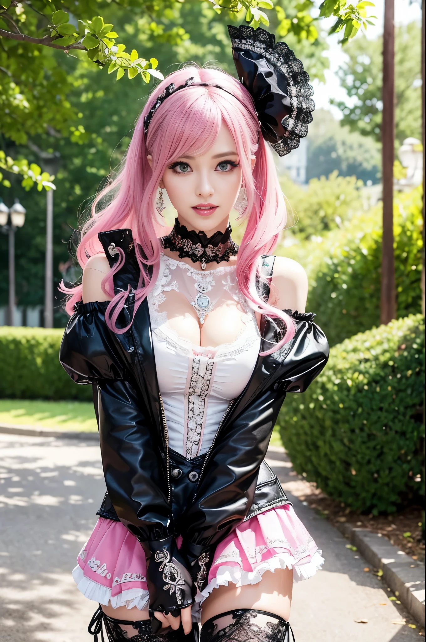 sexy stylish Swedish model, only 1 female, ((doll-like appearance)), short neon pink stylish hair, ((shiny Punk-Style boots)), (beautiful smile), ultra detailed eyes, long lashes, metallic eye-makeup, lip-gloss, ((sexy Punk ta cosplay)), unconventional skirt, petticoats, high neckline, ((ultra detailed lace)), ((ultra detailed embroidery)), intricate details, tartan patterns, Punk Loliccessoires, Punk Lolita cr, ((large sparkling Punk Lolita jewel, cinematic light, detailed sunny large park background with trees