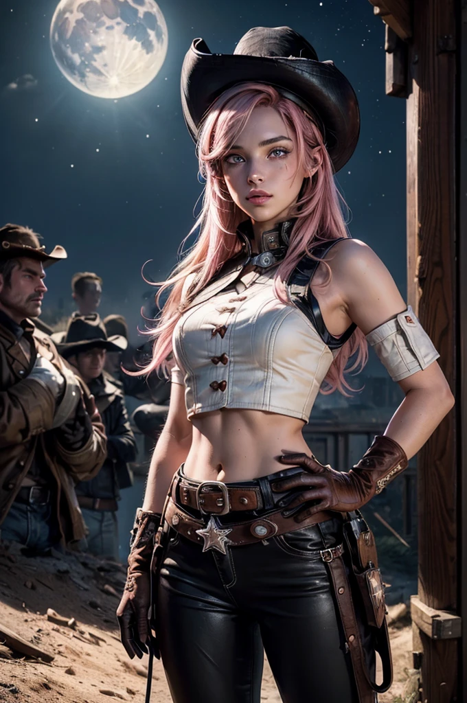 (masterpiece,stunning girlfriend, (standing:1.1), dynamic pose, heart shaped face, elegant face, beautiful face, highly detailed face, highly detailed skin, skin pores, subsurface scattering, realistic pupils, looking at viewer, full lips, detailed background, depth of field, atmospheric perspective, volumetric lighting, sharp focus, absurdres, realistic proportions, good anatomy, (realistic, hyperrealistic:1.4), 16k hdr,  neopolitan, neopolitan, long hair, brown hair, (brown eyes:1.3), brown eyes, pink eyes, (heterochromia:1.2), ((two-tone hair, split-color hair, pink hair, brown hair, multicolored hair)), BREAK gloves, hat, navel, detached sleeves, midriff, belt, pants, white gloves, black headwear, bowler hat, hands on hips, BREAK outdoors, night, stars, moon, post-apocalypse, dystopian future, old church ruins, hillside near river, crowd, (crowd in military uniforms), bonfires, BREAK looking at viewer, (cowboy shot:1.5), BREAK (masterpiece:1.2), best quality, high resolution, unity 8k wallpaper, (illustration:0.8), (beautiful detailed eyes:1.6), extremely detailed face, perfect lighting, extremely detailed CG, (perfect hands, perfect ???????)