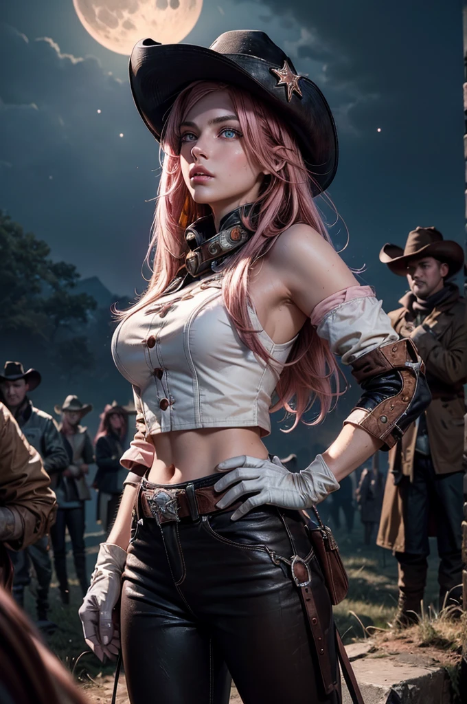 (masterpiece,stunning girlfriend, (standing:1.1), dynamic pose, heart shaped face, elegant face, beautiful face, highly detailed face, highly detailed skin, skin pores, subsurface scattering, realistic pupils, looking at viewer, full lips, detailed background, depth of field, atmospheric perspective, volumetric lighting, sharp focus, absurdres, realistic proportions, good anatomy, (realistic, hyperrealistic:1.4), 16k hdr,  neopolitan, neopolitan, long hair, brown hair, (brown eyes:1.3), brown eyes, pink eyes, (heterochromia:1.2), ((two-tone hair, split-color hair, pink hair, brown hair, multicolored hair)), BREAK gloves, hat, navel, detached sleeves, midriff, belt, pants, white gloves, black headwear, bowler hat, hands on hips, BREAK outdoors, night, stars, moon, post-apocalypse, dystopian future, old church ruins, hillside near river, crowd, (crowd in military uniforms), bonfires, BREAK looking at viewer, (cowboy shot:1.5), BREAK (masterpiece:1.2), best quality, high resolution, unity 8k wallpaper, (illustration:0.8), (beautiful detailed eyes:1.6), extremely detailed face, perfect lighting, extremely detailed CG, (perfect hands, perfect anatomy)