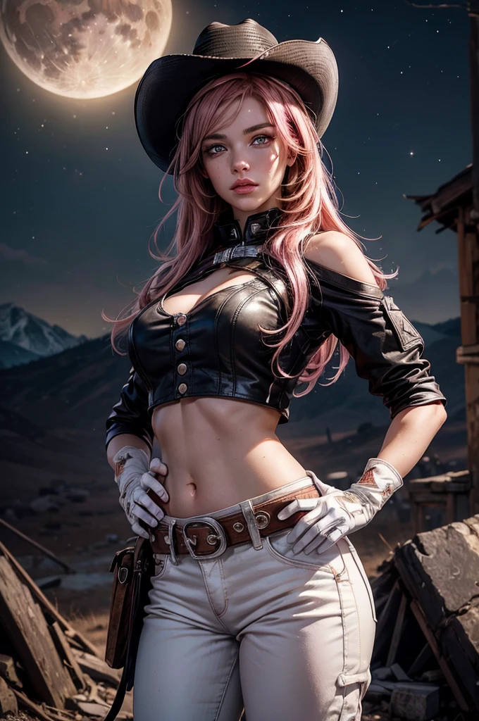 (masterpiece,stunning girlfriend, (standing:1.1), dynamic pose, heart shaped face, elegant face, beautiful face, highly detailed face, highly detailed skin, skin pores, subsurface scattering, realistic pupils, looking at viewer, full lips, detailed background, depth of field, atmospheric perspective, volumetric lighting, sharp focus, absurdres, realistic proportions, good anatomy, (realistic, hyperrealistic:1.4), 16k hdr, neopolitan, neopolitan, long hair, brown hair, (brown eyes:1.3), brown eyes, pink eyes, (heterochromia:1.2), ((two-tone hair, split-color hair, pink hair, brown hair, multicolored hair)), BREAK gloves, hat, navel, detached sleeves, midriff, belt, pants, white gloves, black headwear, bowler hat, hands on hips, BREAK outdoors, night, stars, moon, post-apocalypse, dystopian future, old church ruins, hillside near river, crowd, (crowd in military uniforms), bonfires, BREAK looking at viewer, (cowboy shot:1.5), BREAK (masterpiece:1.2), best quality, high resolution, unity 8k wallpaper, (illustration:0.8), (beautiful detailed eyes:1.6), extremely detailed face, perfect lighting, extremely detailed CG, (perfect hands, perfect anatomy)