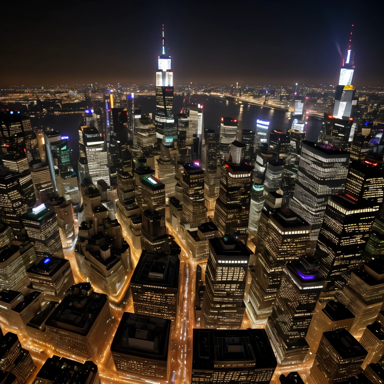 Create a topografic exact realistic, photographic image of Frankfurt at late night from a bird's-eye view. The city should have bright lights, skyscrapers like the Empire State Building and the One World Trade Center illuminating the night sky. The streets should be lit by vehicles, and the skyline should be impressive and well-lit.