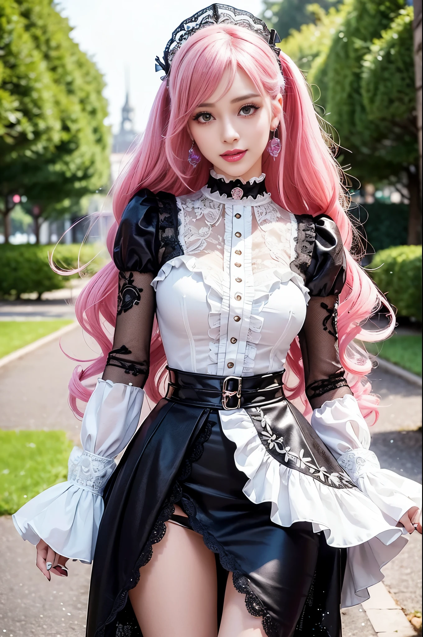 sexy stylish Spanish model, only 1 female, ((doll-like appearance)), long neon pink stylish hair, ((ultra detailed Victorian-Style boots)), (happy smile), ultra detailed eyes, vivid eye makeup, lipgloss, long lashes, defined eyebrows, ((sexy Paradise Kiss cosplay)), bell-shaped skirt, petticoats, high neckline, puffed sleeves, ((ultra detailed lace)), ((ultra detailed embroidery)), intricate details, Paradise Kiss accessoires and matching headpiece, choker, ((large sparkling Paradise Kiss jewelry)), cinematic light, detailed large park background with trees