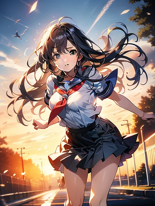 In 8K、highest quality、masterpiece、Ultra-detailed、Ultra-high resolution、Anime Style、1. High school girl、uniform、Strong winds、Check skirt、Skirt fluttering in the wind、(Leaning forward)、((Prevent your skirt from flipping up))、((impatient))、Big Breasts