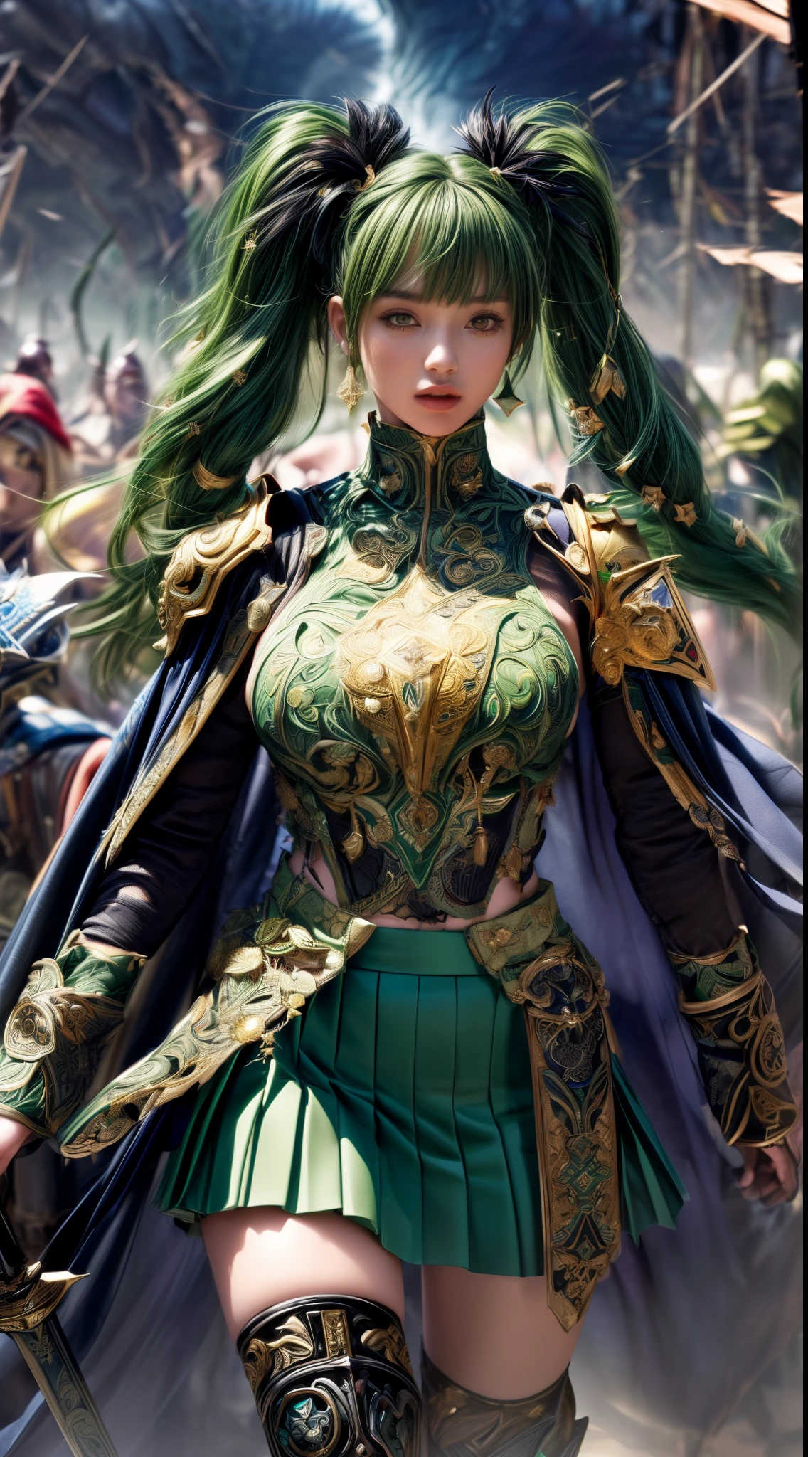 Very beautiful girl、Slender、(((low length)))、(Detailed face)、Realistic Skin、((holy knight)), ((Dark Green Armor))、((((Black armor with very fine and intricate decoration:1.1))))、((Delicate photo))，(Girl Astepeace RAW Photo Details:1.25), (highest quality:1.6), (超A high resolution:1.5), (Realistic:1.75), 8K resolution, Canon EOS R5, 50mm, Absurd, Ultra-detailed,Cinema Lighting,((battlefield))、((battle))、(((Decorative green skirt)))、Thigh-high socks、Shin Guards、((Dark green hair))、((Twin tails))、((Hairstyle with bangs))、Get six-pack、Cape、Beautiful Armor、(((Has a huge weapon)))、(In combat)、The wind is blowing、((Symmetrical Armor))、((((tornado))))、(((Leading a large group of knights:1.2)))、Banner、Lion-themed armor