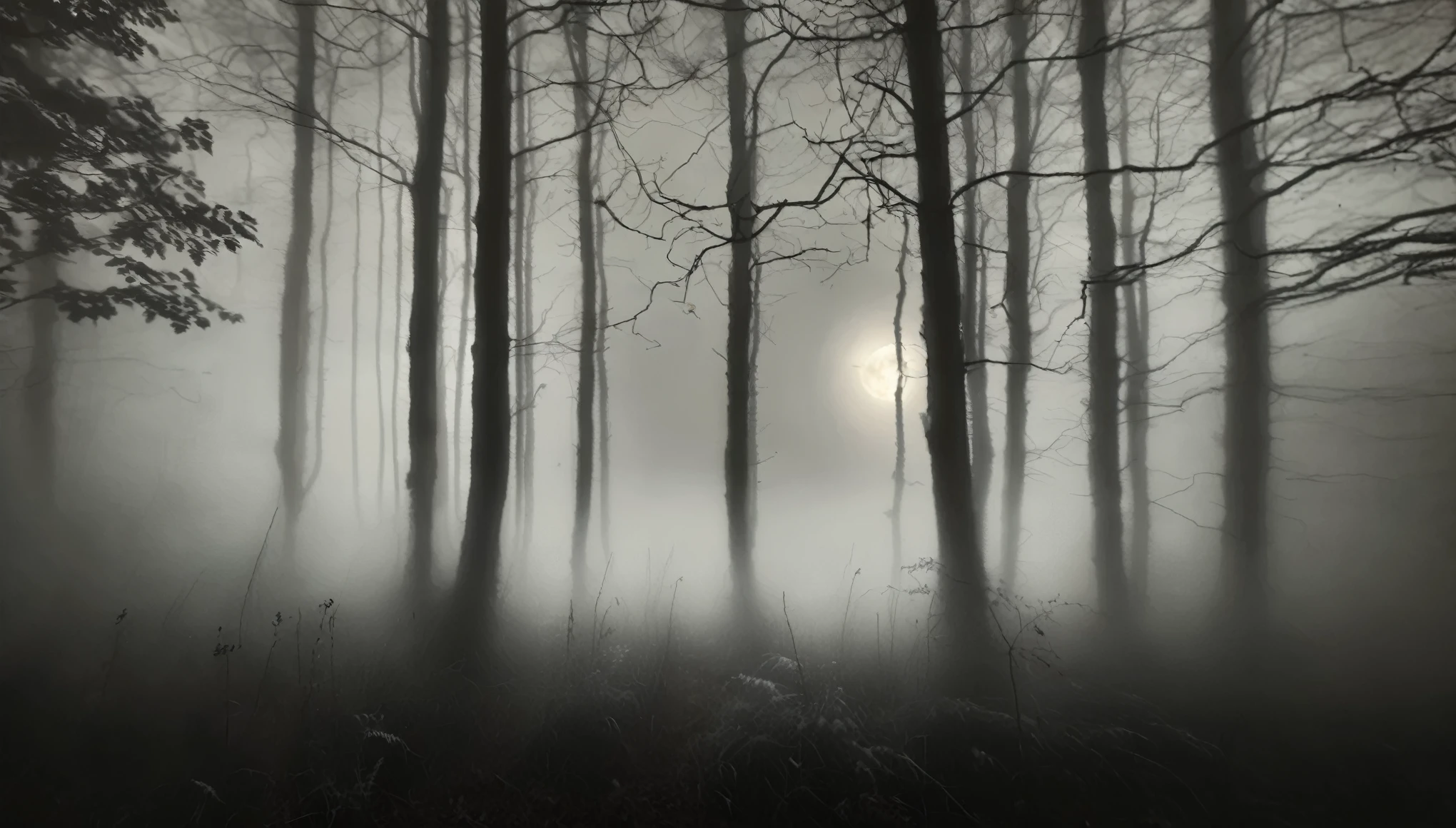 A haunted forest, mood, fog, mist, dark, creepy, night, full moon, trees, spooky, art by Yannick Bouchard