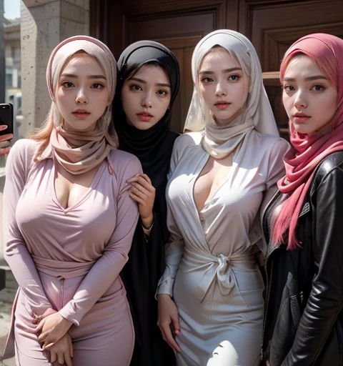 Threesome girls, wear hijabs, ((Best quality, 8k, Masterpiece :1.37), multiple people wear hijab, Big breasts:1.5, (three girl hijabs moslem), Beautiful face, Ultra-HD Face, Face Lighting, Lips laughed lightly, position:Standing, ((Take a photo from below the thigh)), (Close-up Photo:1.0), (three girls wear hijab muslim), wear hijab muslim, (Undressing Nude figure: 1.4), small pussy, hairy pussy:0.4, small pussy, Realistic Vagina:1:6, tall building background, (Blue sky view, :1.1), face very detailed, detailed red lips, detailed eyes, (korean eyes), double eyelids, detailed nose, detailed legs, (threesome girls wear hijab moslem)