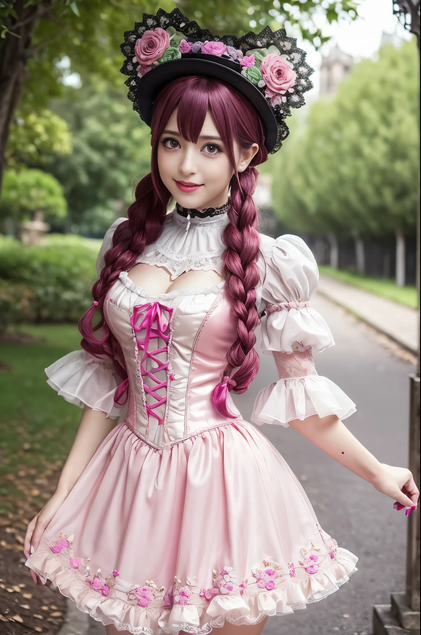 sexy stylish Spanish model, only 1 female, ((doll-like appearance)), long neon pink stylish hair, ((ultra detailed Victorian-Style boots)), (happy smile), ultra detailed eyes, vivid eye makeup, lipgloss, long lashes, defined eyebrows, ((sexy Paradise Kiss cosplay)), bell-shaped skirt, petticoats, high neckline, puffed sleeves, ((ultra detailed lace)), ((ultra detailed embroidery)), intricate details, Paradise Kiss accessoires and matching headpiece, choker, ((large sparkling Paradise Kiss jewelry)), cinematic light, detailed large park background with trees