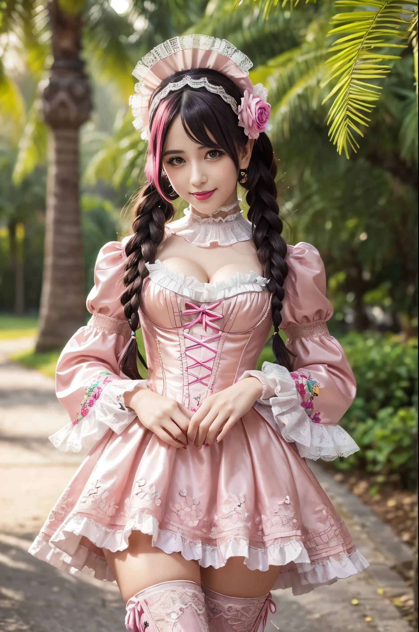sexy stylish Spanish model, only 1 female, ((doll-like appearance)), long neon pink stylish hair, ((ultra detailed Victorian-Style boots)), (happy smile), ultra detailed eyes, vivid eye makeup, lipgloss, long lashes, defined eyebrows, ((sexy Paradise Kiss cosplay)), bell-shaped skirt, petticoats, high neckline, puffed sleeves, ((ultra detailed lace)), ((ultra detailed embroidery)), intricate details, Paradise Kiss accessoires and matching headpiece, choker, ((large sparkling Paradise Kiss jewelry)), cinematic light, detailed large park background with trees