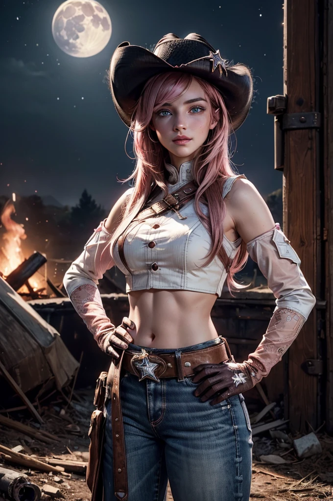 (masterpiece,stunning girlfriend, (standing:1.1), dynamic pose, heart shaped face, elegant face, beautiful face, highly detailed face, highly detailed skin, skin pores, subsurface scattering, realistic pupils, looking at viewer, full lips, detailed background, depth of field, atmospheric perspective, volumetric lighting, sharp focus, absurdres, realistic proportions, good anatomy, (realistic, hyperrealistic:1.4), 16k hdr, neopolitan, neopolitan, long hair, brown hair, (brown eyes:1.3), brown eyes, pink eyes, (heterochromia:1.2), ((two-tone hair, split-color hair, pink hair, brown hair, multicolored hair)), BREAK gloves, hat, navel, detached sleeves, midriff, belt, pants, white gloves, black headwear, bowler hat, hands on hips, smile, BREAK outdoors, night, stars, moon, post-apocalypse, dystopian future, old church ruins, hillside near river, crowd, (crowd in military uniforms), bonfires, BREAK looking at viewer, (cowboy shot:1.5), BREAK (masterpiece:1.2), best quality, high resolution, unity 8k wallpaper, (illustration:0.8), (beautiful detailed eyes:1.6), extremely detailed face, perfect lighting, extremely detailed CG, (perfect hands, perfect anatomy)