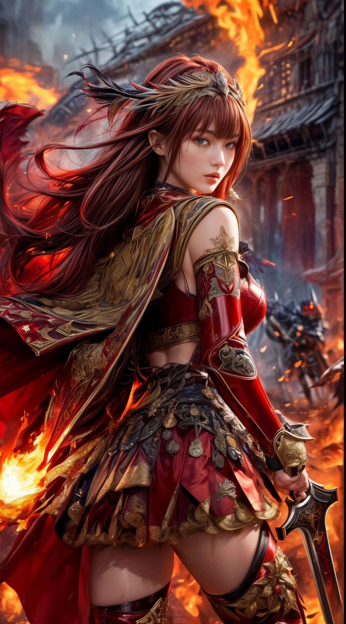 Very beautiful woman、Slender women、(Detailed face)、Realistic Skin、((Knight of Fire)), (((Red Armor:1.25)))、((((Black armor with very fine and intricate decoration))))、((Delicate photo))，(Girl Astepeace RAW Photo Details:1.25), (highest quality:1.6), (超A high resolution:1.5), (Realistic:1.75), 8K resolution, Canon EOS R5, 50mm, Absurd, Ultra-detailed,Cinema Lighting,Battlefields of Medieval Europe、((battle))、RPG World、Final Fantasy、(((Embellished skirt)))、Thigh-high socks、Shin Guards、night、((too long bangs))、((One long thick dark red hair braid))、Get six-pack、Torn Cloak、Beautiful Armor、(((Giant Sword)))、In combat、The wind is blowing、(((Inferno filling the entire area)))、(((Leading a large group of red knights)))、(((Knight Commander)))、Armor with a Phoenix motif、Old scar on right cheek:1.2、((Fire blaze))