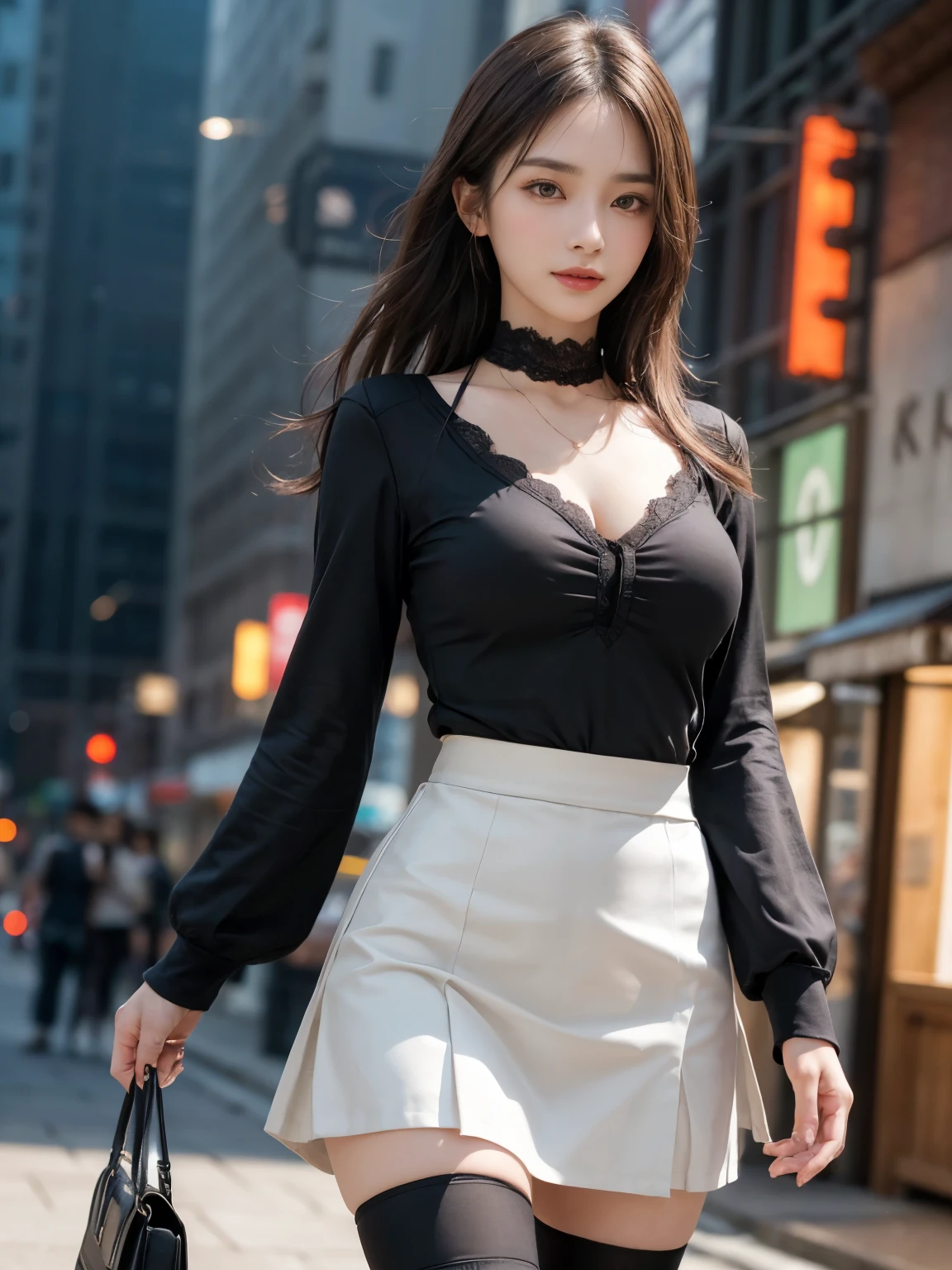 8k, masterpiece, RAW Photos, highest quality, Realistic, Highly detailed CG Unity 8k wallpaper, Depth of written boundary, Cinematic Light, Lens flare, Ray Tracing, (Very beautiful face, Beautiful Lips, Beautiful Eyes), Exquisitely detailed face, ((Highly detailed skin)) One girl, In the Dark, Deep Shadow, Cute Korean Girl, K-Pop Idols, 1 girl, (Very slim slender fit-muscled body:1.3), ((View Viewer)),(Big smile:1.3), (Tight lace blouse), (Olive blouse), (No sleeve) , (Fashion City Night, Dark Night, (Neon Signs), (Blurred Background), Fashion Street Night),(No people in the background:1.3), Beautiful earrings, bracelet, necklace, pantyhose, Clear Eyes, walk, (Pale skin), (Big eyes), Look forward, ((Upper Body Shot)), ((skirt:1.3)),(Brown Hair),((olivedrab color tight fitting laced skirt)), (See through), (View Viewer:1.3) Open chest, Very slim, Thick thighs, Big Breasts, Hermes Bags , Cleavage、Brown long hair、Thin bangs