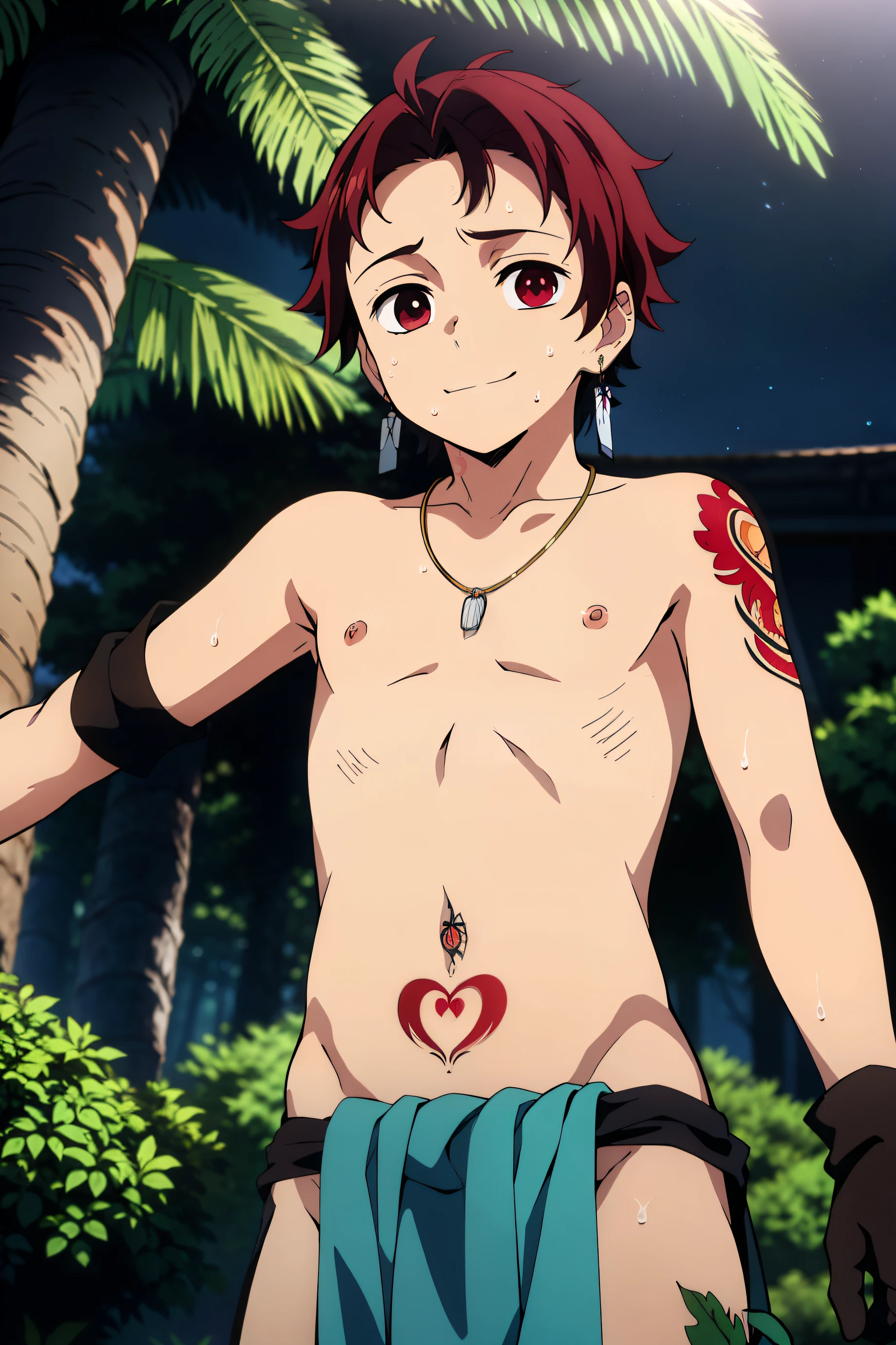 Highres, Masterpiece, Best quality at best,Best Quality,hight quality, hight detailed, 1boy, Boy, Solo, Tanjirou, scar, Red hair, Earring, Shota, forest palaces, Tribal luxury loincloth, (Leaf necklace), (Navel piercing), Gloves, Night day, (Tattoo on arm), Shirtless, Topless, Bare chest, Slim body, smile, sweat, Simple beckground, Seen from the front, Upper body, Depth of field, Look at viewer, (very small and short stature), (very young boy), ***************s, Blurry beckground