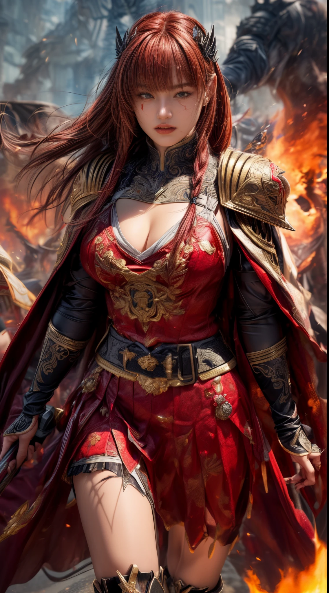 Very beautiful woman、Slender women、(Detailed face)、Realistic Skin、((Knight of Fire)), (((Red Armor:1.25)))、((((Black armor with very fine and intricate decoration))))、((Delicate photo))，(Girl Astepeace RAW Photo Details:1.25), (highest quality:1.6), (超A high resolution:1.5), (Realistic:1.75), 8K resolution, Canon EOS R5, 50mm, Absurd, Ultra-detailed,Cinema Lighting,Battlefields of Medieval Europe、((battle))、RPG World、Final Fantasy、(((Embellished skirt)))、Thigh-high socks、Shin Guards、night、((too long bangs))、((One long thick dark red hair braid))、Get six-pack、Torn Cloak、Beautiful Armor、(((Giant Sword)))、In combat、The wind is blowing、(((Inferno filling the entire area)))、(((Leading a large group of red knights)))、(((Knight Commander)))、Armor with a Phoenix motif、Old scar on right cheek:1.2、((Fire blaze))