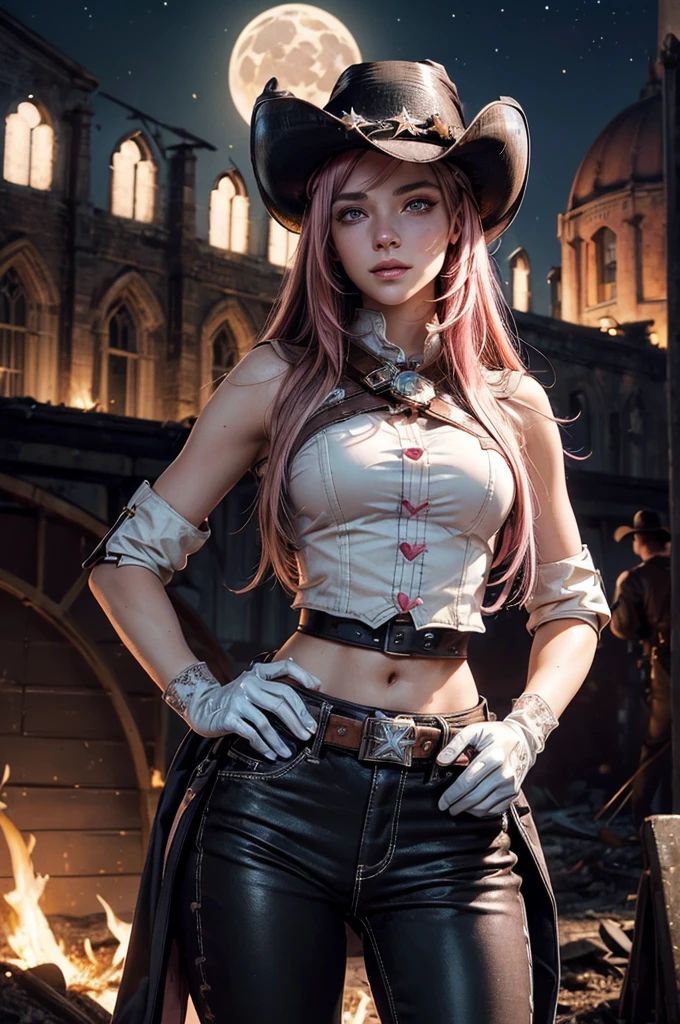 (masterpiece,stunning girlfriend, (standing:1.1), dynamic pose, heart shaped face, elegant face, beautiful face, highly detailed face, highly detailed skin, skin pores, subsurface scattering, realistic pupils, looking at viewer, full lips, detailed background, depth of field, atmospheric perspective, volumetric lighting, sharp focus, absurdres, realistic proportions, good anatomy, (realistic, hyperrealistic:1.4), 16k hdr, neopolitan, neopolitan, long hair, brown hair, (brown eyes:1.3), brown eyes, pink eyes, (heterochromia:1.2), ((two-tone hair, split-color hair, pink hair, brown hair, multicolored hair)), BREAK gloves, hat, navel, detached sleeves, midriff, belt, pants, white gloves, black headwear, bowler hat, hands on hips, smile, BREAK outdoors, night, stars, moon, post-apocalypse, dystopian future, old church ruins, hillside near river, crowd, (crowd in military uniforms), bonfires, BREAK looking at viewer, (cowboy shot:1.5), BREAK (masterpiece:1.2), best quality, high resolution, unity 8k wallpaper, (illustration:0.8), (beautiful detailed eyes:1.6), extremely detailed face, perfect lighting, extremely detailed CG, (perfect hands, perfect anatomy)