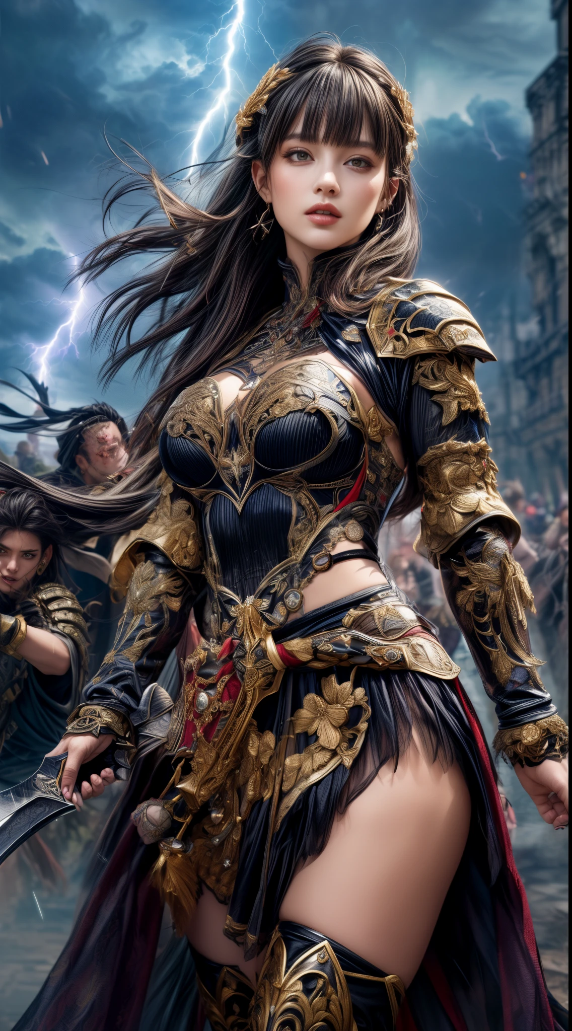 Cowboy Shot、Very beautiful woman、Slender women、(Detailed face)、Realistic Skin、((Demon Knight)), (Black Armor)、((((Black armor with very fine and intricate decoration))))、((Delicate photo))，(Girl Astepeace RAW Photo Details:1.25), (highest quality:1.6), (超A high resolution:1.5), (Realistic:1.75), 8K resolution, Canon EOS R5, 50mm, Absurd, Ultra-detailed,Cinema Lighting,Battlefields of Medieval Europe、((battle))、RPG World、Final Fantasy、(((Embellished skirt)))、Thigh-high socks、Shin Guards、night、((Long hair with bangs,))、Get six-pack、Torn Cloak、Beautiful Armor、(((Giant Sword)))、In combat、The wind is blowing、((Asymmetrical Armor:1.5))、(((thunderstorm)))、((Knight Commander))、(((Leading a large group of black knights)))、Banner、(((Battle Scene)))、((Sexy iron mask))