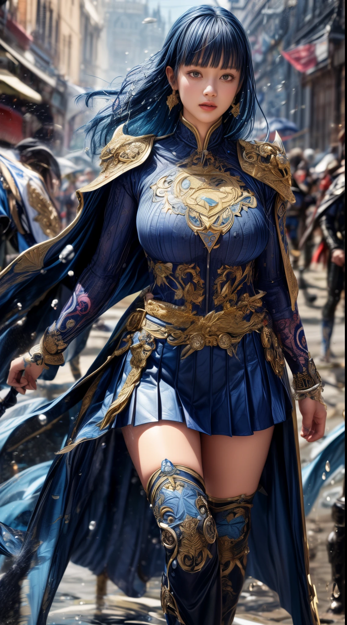 Ancient Chinese architecture,Female warriors in national style,Wear revealing armor,Simple clothing, Minimalist style,Mixed Chinese and American races,The background is blurred out,focal,Cowboy shot,电影灯光,(((tmasterpiece))), ((best qualtiy)), ((Complex and detailed)), ((ultra-realistic realism)), Ridiculous resolution, A MILF, Mature woman, ssee-through, highly detailed, illustratio, 1girll, (mediuml breasts), Thin waist and thick hips,long leges,beatiful detailed eyes, short detailed hair, brunette color hair, a purple eye, blackstockings,lacy clothing,with faintly visible,Cool armor,The body proportions are perfect,(No underwear:1.2),detailed back ground, perfect eyes, Seductive eye, (nice hand),Detail hands,looking at viewert,From the front,Wear light,juicy legs,deep v big breasts,Tattooed with