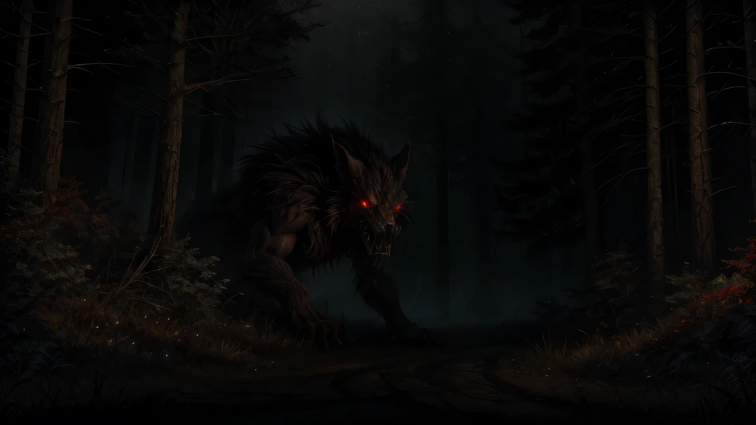 Scary werewolf,red glowing eyes,sharp teeth,partially lit by dramatic shadows,Dense and dark Shadow Forest,mist to create an atmosphere of mystery and danger. 