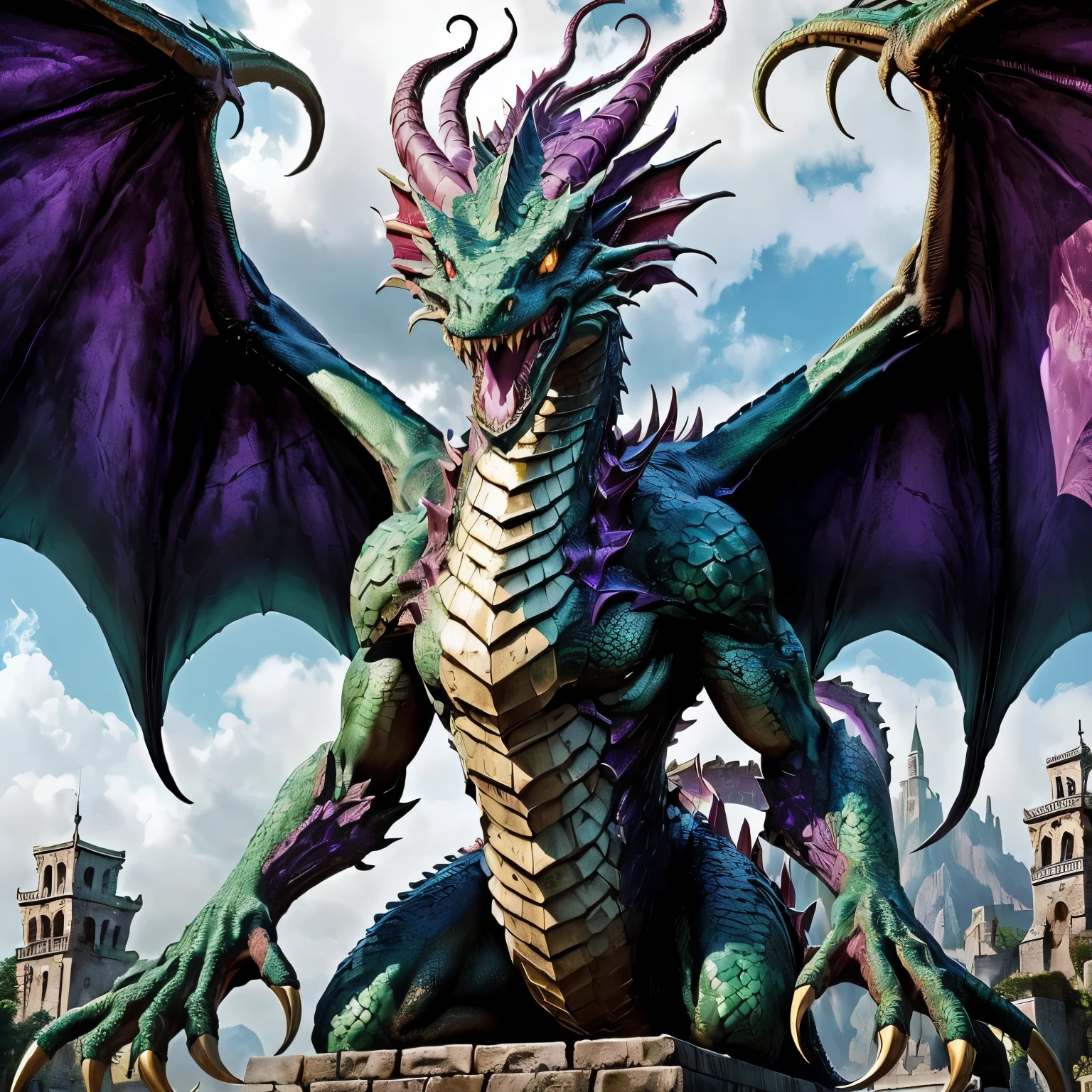 there is a dragon statue with a big purple and green dragon on it, colossal dragon in background, colossal dragon as a background, dra the dragon, d&d comissão de dragon art, epic dragon, Dragon in the background, dragon art, hiperrealista d & d arte de fantasia, a majestic gothic dragon, Magia : a arte de reunir, epic fantasy card game art