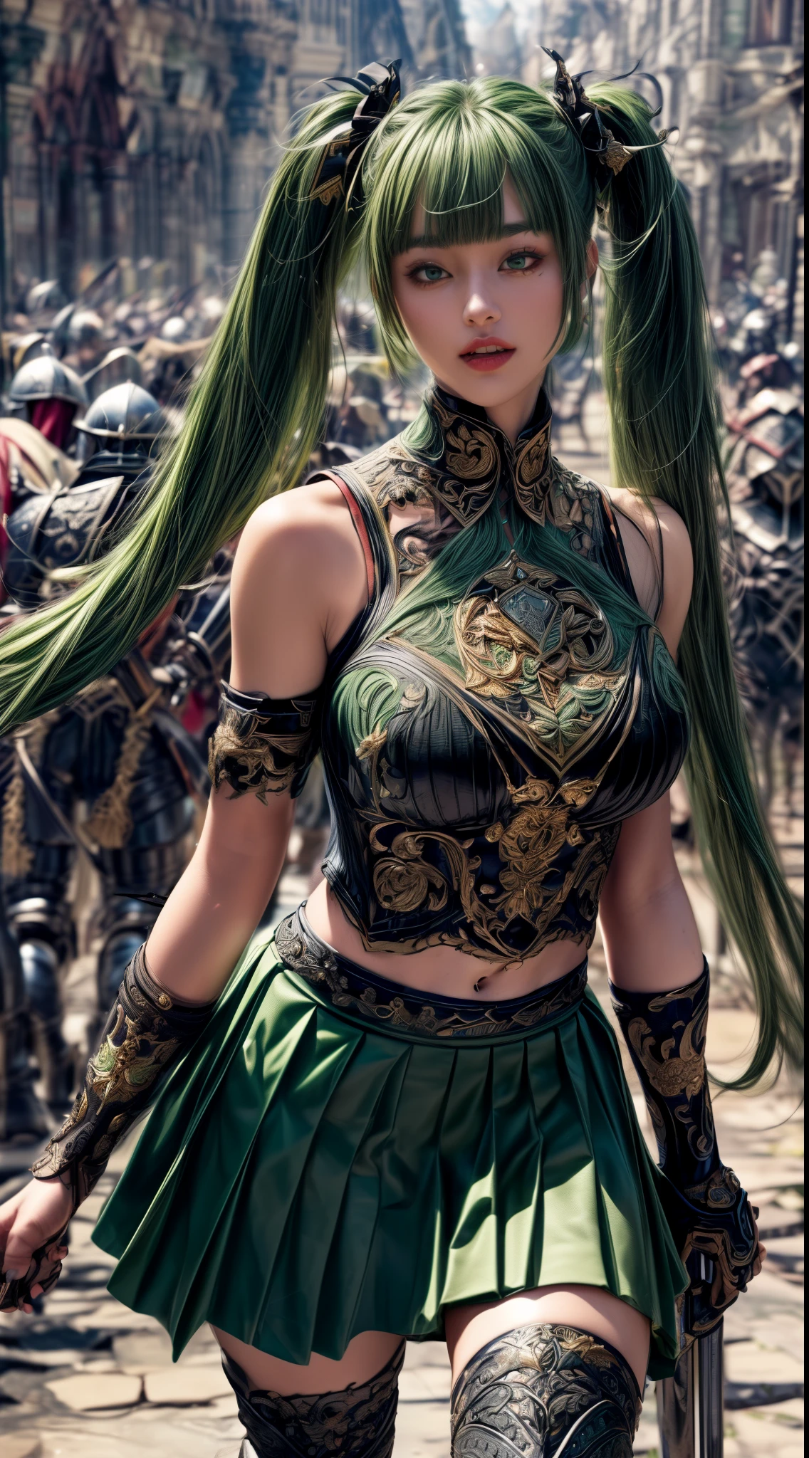 Very beautiful girl、laughing、Slender、(((low length)))、(Detailed face)、Realistic Skin、((holy knight)), ((Dark Green Armor))、((((Black armor with very fine and intricate decoration:1.1))))、((Delicate photo)),(Girl Astepeace RAW Photo Details:1.25), (highest quality:1.6), (超A high resolution:1.5), (Realistic:1.75), 8K resolution, Canon EOS R5, 50mm, Absurd, Ultra-detailed,Cinema Lighting,((battlefield))、((battle))、(((Decorative green skirt)))、Thigh-high socks、Shin Guards、((Dark green hair))、((Twin tails))、((Hairstyle with bangs))、Get six-pack、Cape、Beautiful Armor、(((Has a huge weapon)))、(In combat)、The wind is blowing、((Symmetrical Armor))、((((tornado))))、(((Leading a large group of knights:1.2)))、Banner、Lion-themed armor