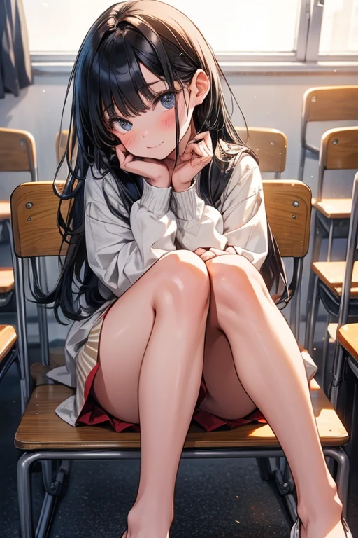 1girl,solo,cute,sitting on chair,show feet,show sole of foot,in class room,perfect toe,five fingers,low angle