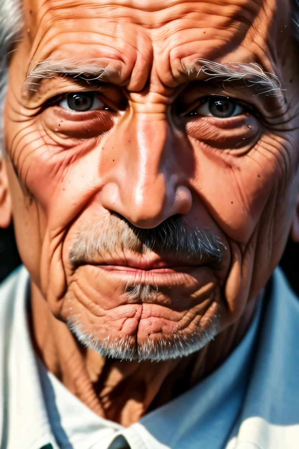 A detailed and macro photograph of an elderly man's face, captured using a Sony A7r camera with an FE 50mm - F 2.8 GM lens.