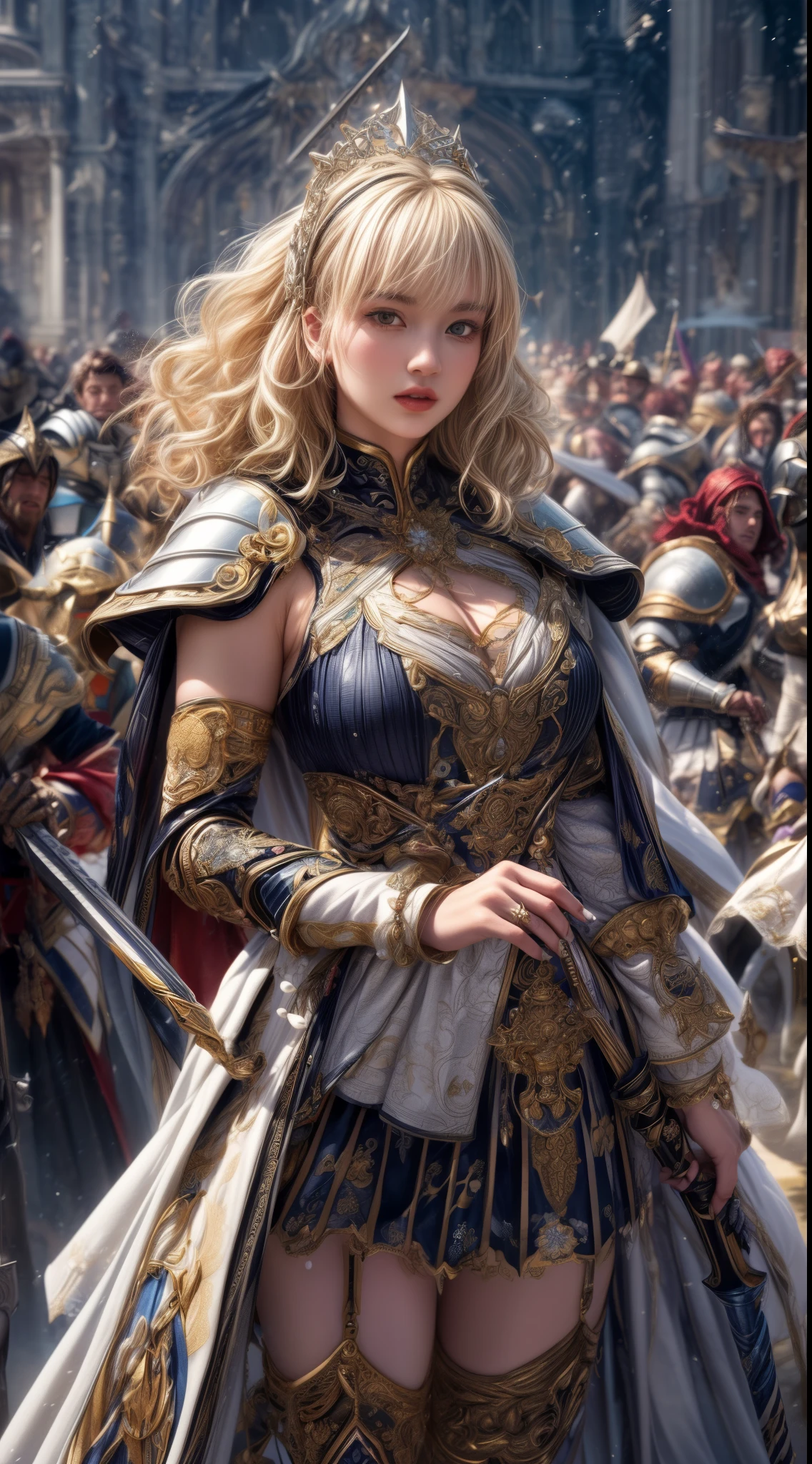 Very beautiful woman、Slender women、(Detailed face)、Realistic Skin、((holy knight)), ((Pearl White Armor))、((((Black armor with very fine and intricate decoration:1.1))))、((Delicate photo)),(Girl Astepeace RAW Photo Details:1.25), (highest quality:1.6), (超A high resolution:1.5), (Realistic:1.75), 8K resolution, Canon EOS R5, 50mm, Absurd, Ultra-detailed,Cinema Lighting,((battlefield))、((battle))、(((White skirt with embellishments)))、Thigh-high socks、Shin Guards、((Blonde))、((Curly Hair))、((Drill Hair))、((Wavy short hair with bangs,))、Get six-pack、Cape、Beautiful Armor、(((Has a huge weapon)))、(In combat)、The wind is blowing、((Symmetrical Armor))、((((Blizzard))))、(((Leading a large group of knights:1.2)))、Banner、Armor inspired by the ice goddess