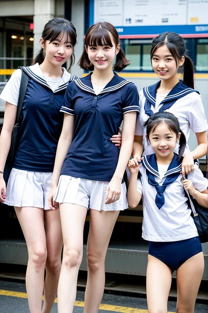 girls walking in railway station,white sailor shirt over navy blue school swimsuit,school bag,18-year-old,bangs,a little smile,thighs,knees,short hair and low ponytails with barrette,from below,front light