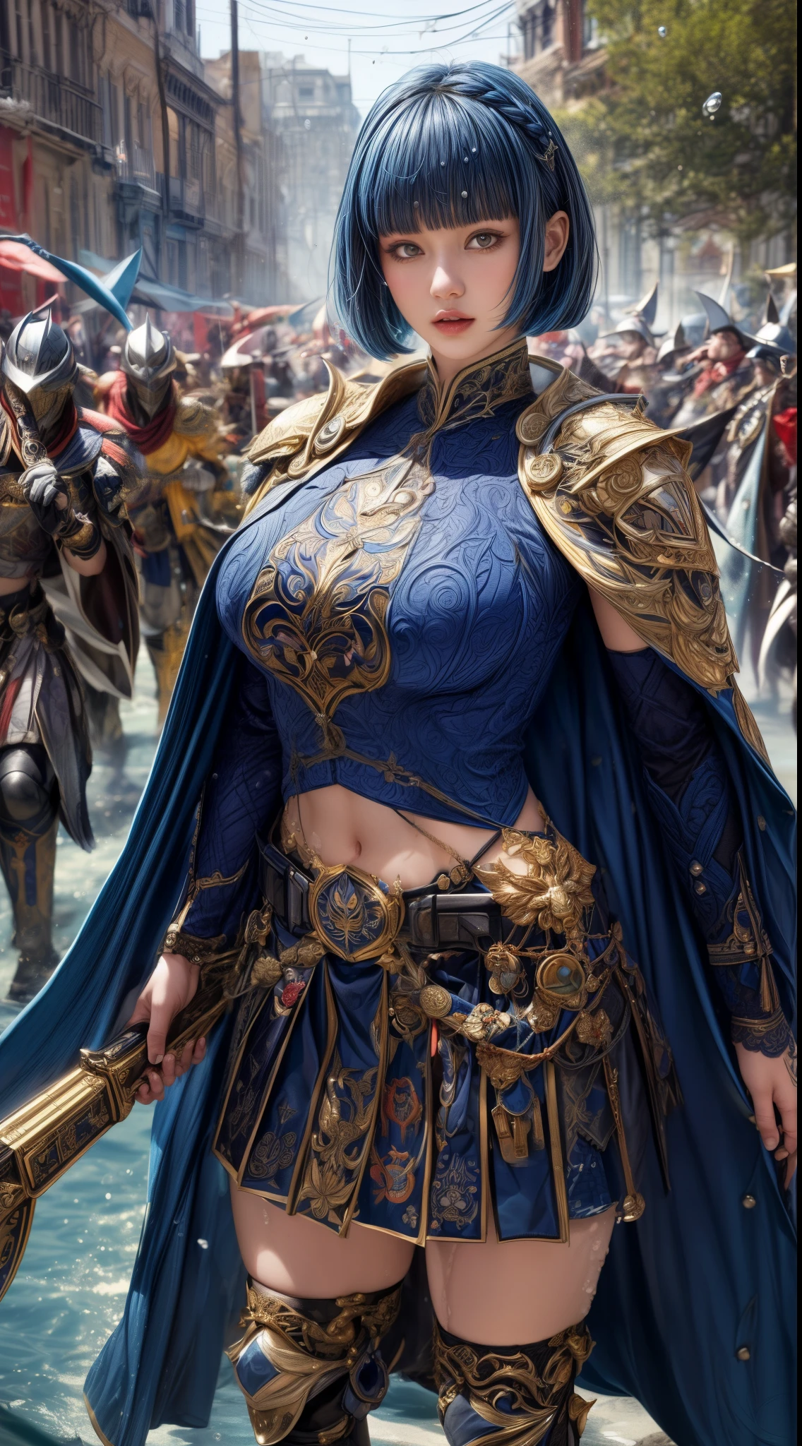 Very beautiful woman、Slender women、(Detailed face)、Realistic Skin、((holy knight)), ((Navy Blue Armor))、((((Black armor with very fine and intricate decoration:1.1))))、((Delicate photo)),(Girl Astepeace RAW Photo Details:1.25), (highest quality:1.6), (超A high resolution:1.5), (Realistic:1.75), 8K resolution, Canon EOS R5, 50mm, Absurd, Ultra-detailed,Cinema Lighting,((battlefield))、((battle))、(((Navy Skirt with Embellishments)))、Thigh-high socks、Shin Guards、((Dark blue hair))、((Bowl cut hairstyle with bangs,))、Get six-pack、Cape、Beautiful Armor、(((Has a huge weapon)))、(In combat)、The wind is blowing、((Symmetrical Armor))、((((Splash))))、(((Leading a large group of blue knights:1.2)))、Banner、Armor with a dragon motif、(((Battle Scene)))
