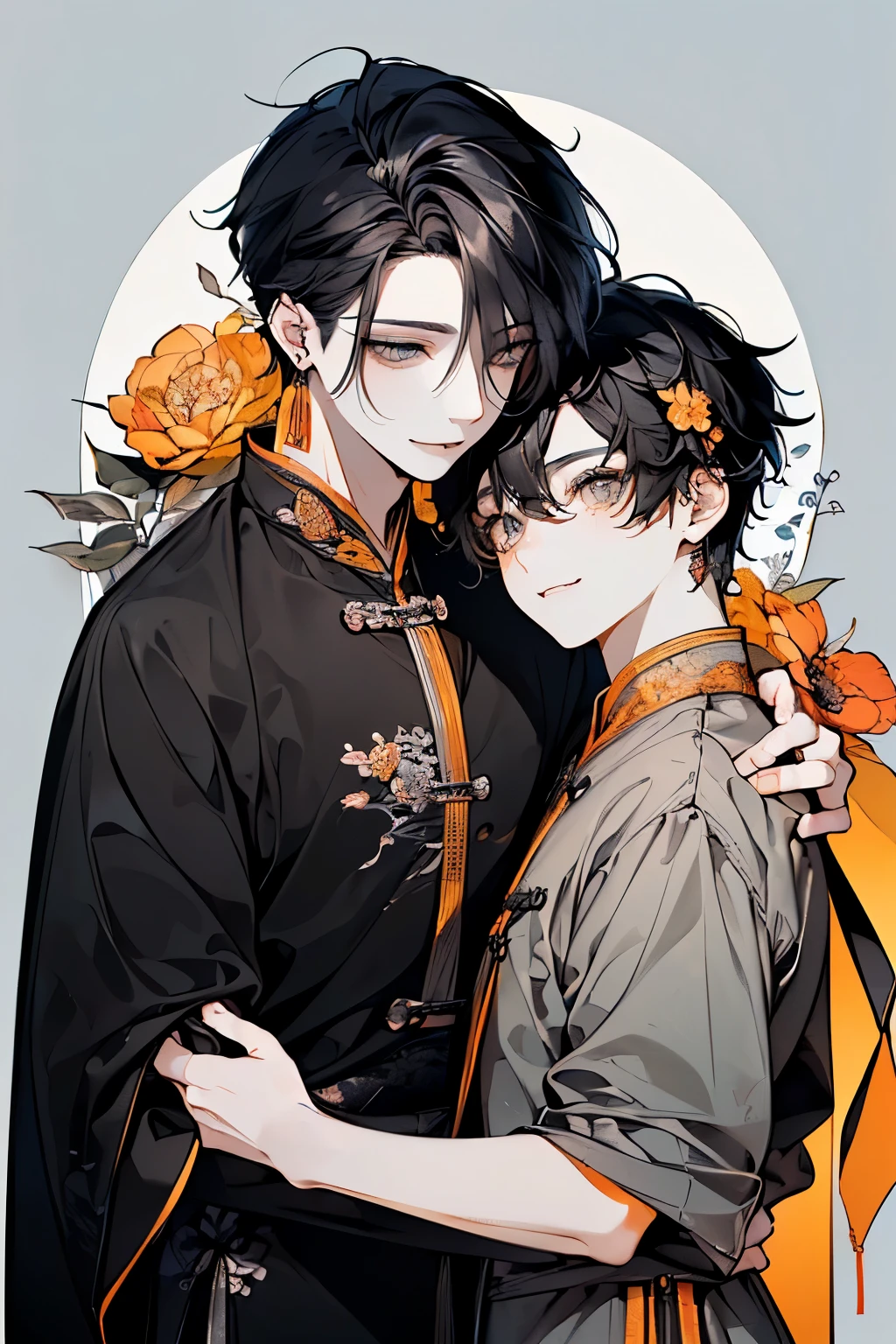 (Adult male, around 25 years old:1.45)、(Two men hugging each other:1.5)、(masterpiece、highest quality、highest quality、Beautiful and beautiful:1.2)、(Good anatomy:1.5)、(Short wavy hair:1.5)、(black hair:1.4)、(Rich nature background:1.2)、(Hanfu costume:1.35)、Large earrings、((Black, orange and yellow outfit:1.1))、((Grey Eyes:1.3))、((Active movement:1.2))、A wide smile with a happy mouth、front