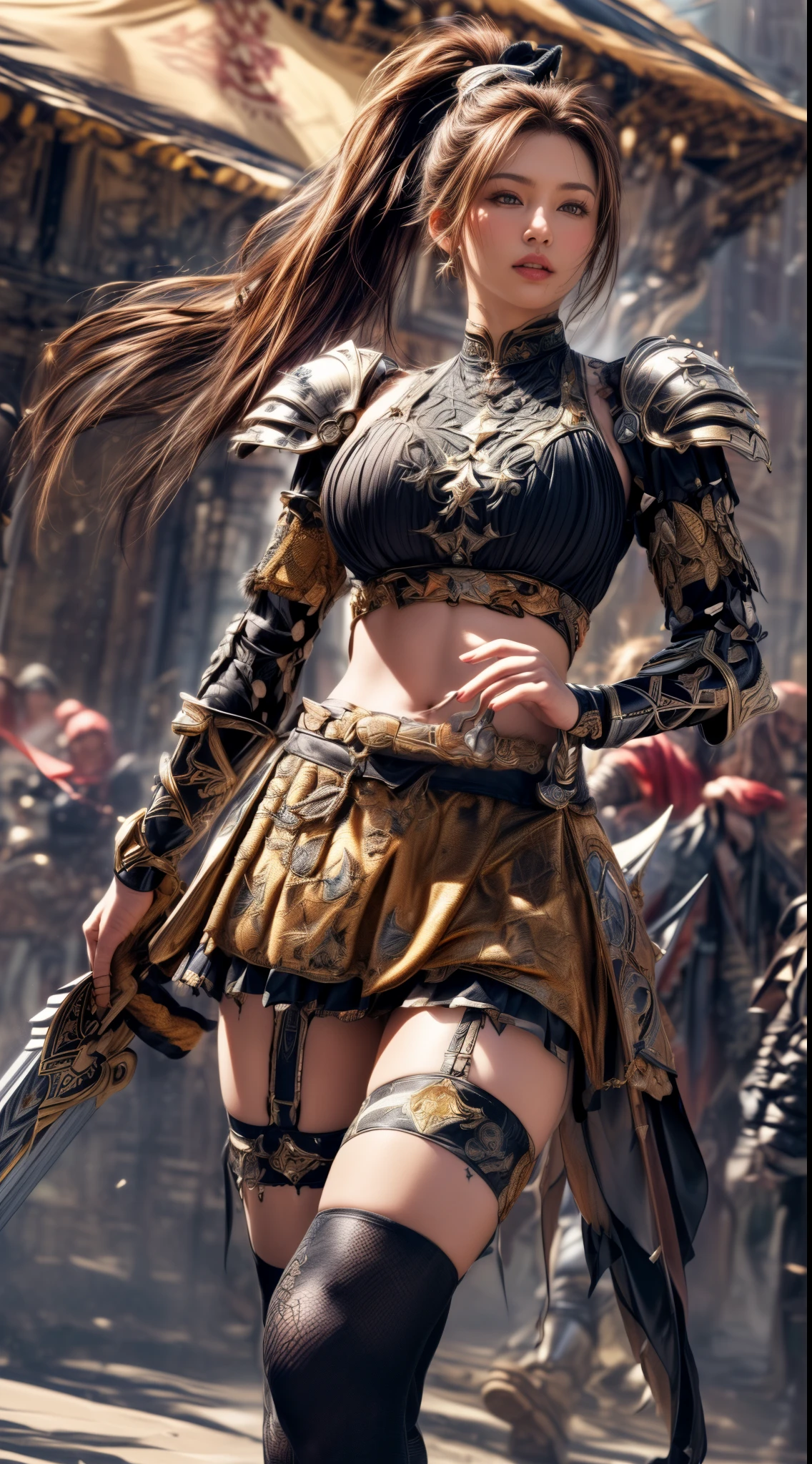 Very beautiful woman、Very tall woman、((muscle))、(Detailed face)、Realistic Skin、((Knights of the Earth)), (((Light brown and black armor:1.25)))、((((非常に繊細で装飾が施されたLight brown and black armor))))、((Delicate photo))，(Girl Astepeace RAW Photo Details:1.25), (highest quality:1.6), (超A high resolution:1.5), (Realistic:1.75), 8K resolution, Canon EOS R5, 50mm, Absurd, Ultra-detailed,Cinema Lighting,Battlefields of Medieval Europe、((battle))、RPG World、Final Fantasy、(((Embellished skirt)))、Thigh-high socks、Shin Guards、night、((((Messy center parted high ponytail))))、((Get six-pack))、Torn Cloak、((Beautiful Armor))、(((Huge weapons)))、In combat、The wind is blowing、(((Leading a large group of knights:1.3)))、(((Knight Commander)))、(Banner)、Great Ape Emblem、(((Light brown as the main color)))、(((black tribal tattoo)))、Dust、(((Wearing fur)))、(Rocky area)