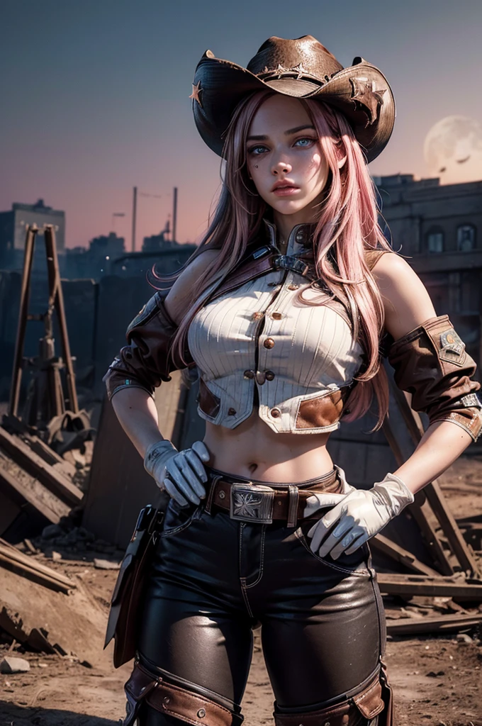 (masterpiece,stunning girlfriend, (standing:1.1), dynamic pose, heart shaped face, elegant face, beautiful face, highly detailed face, highly detailed skin, skin pores, subsurface scattering, realistic pupils, looking at viewer, full lips, detailed background, depth of field, atmospheric perspective, volumetric lighting, sharp focus, absurdres, realistic proportions, good anatomy, (realistic, hyperrealistic:1.4), 16k hdr, neopolitan, neopolitan, long hair, brown hair, (brown eyes:1.3), brown eyes, pink eyes, (heterochromia:1.2), ((two-tone hair, split-color hair, pink hair, brown hair, multicolored hair)), BREAK gloves, hat, navel, detached sleeves, midriff, belt, pants, white gloves, black headwear, bowler hat, hands on hips, BREAK outdoors, night, stars, moon, post-apocalypse, dystopian future, white house in ruins, crowd, (crowd in military uniforms), bonfires, BREAK looking at viewer, (cowboy shot:1.5), BREAK (masterpiece:1.2), best quality, high resolution, unity 8k wallpaper, (illustration:0.8), (beautiful detailed eyes:1.6), extremely detailed face, perfect lighting, extremely detailed CG, (perfect hands, perfect anatomy)
