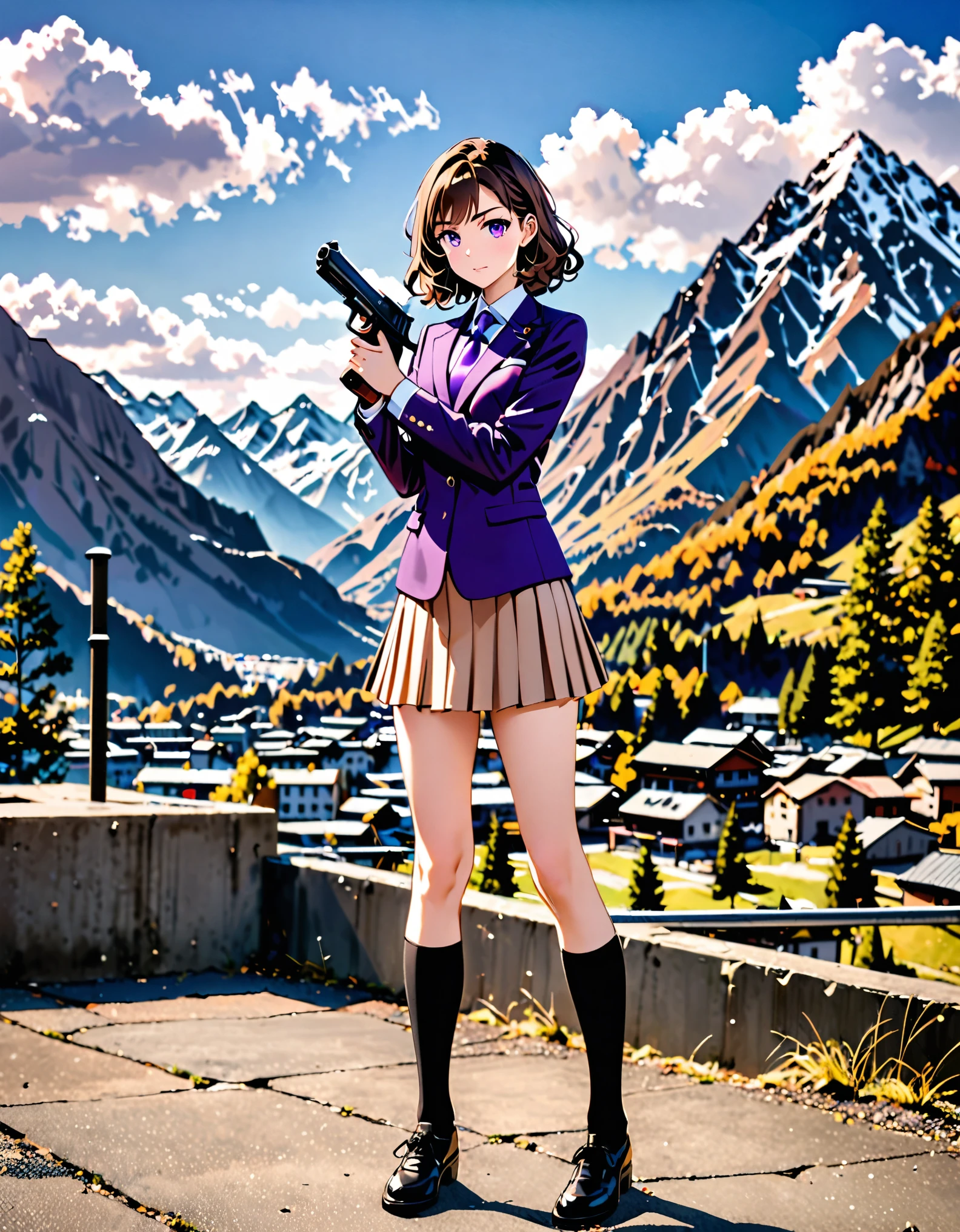 masterpiece, best quality, 1girl, 22 years old, brown hair, wavy hair, short hair, purple eyes, (purple suit, and tie), (black socks, black shoes), (light brown pleaded skirt, miniskirt), standing, (holding one pistol, beretta 92), mountain base backdrop, solo, solo focus, (perfect anatomy), (full body shot), cowboy shot, beautiful detailed eyes