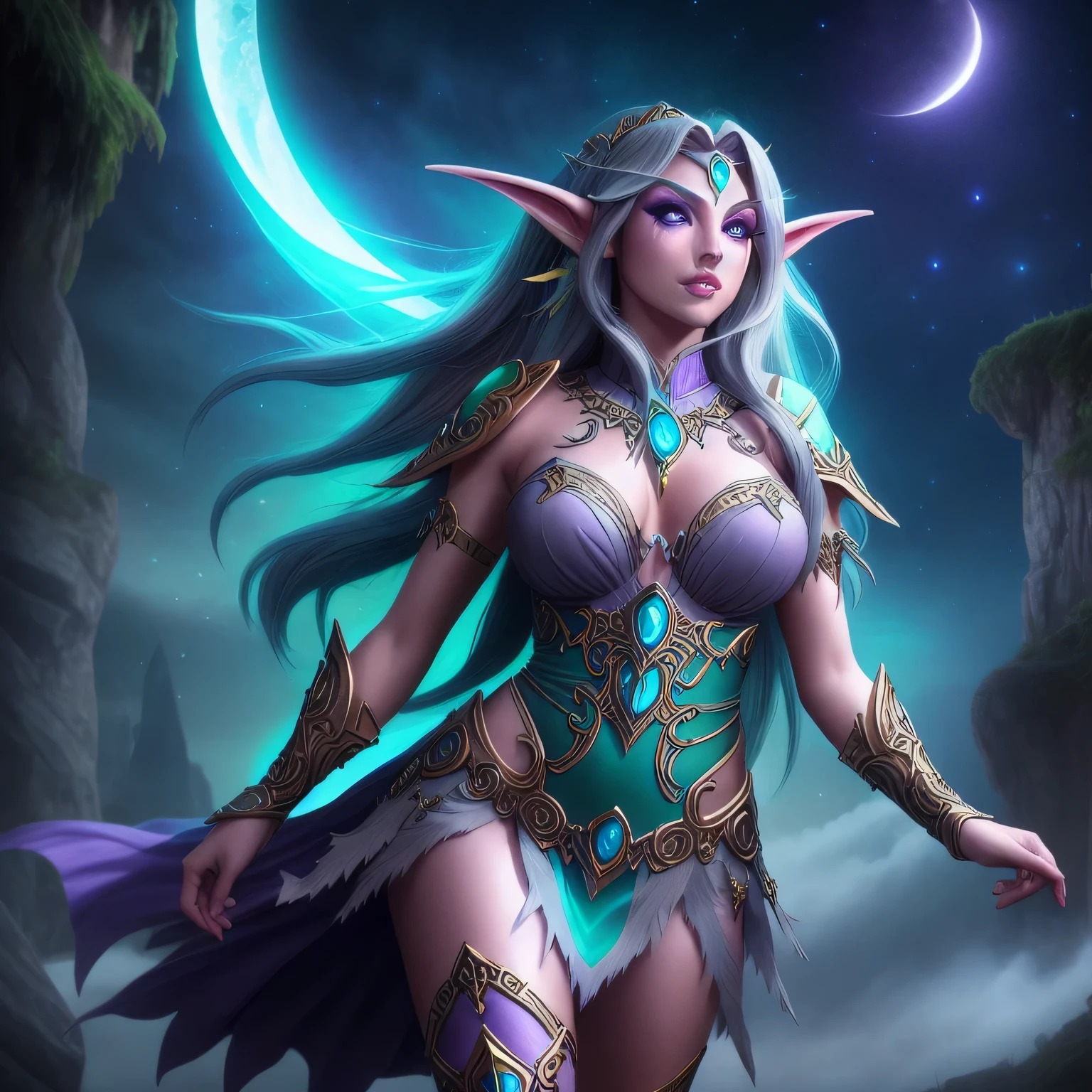 Wide angle full body photograph, T pose and with legs and feet visible of a purple skinned night elf tyrande whisperwind grey hair green eyes with arms, hands, legs, feet, hands free, photorealistic, beautiful face, high quality, 4k, hdr