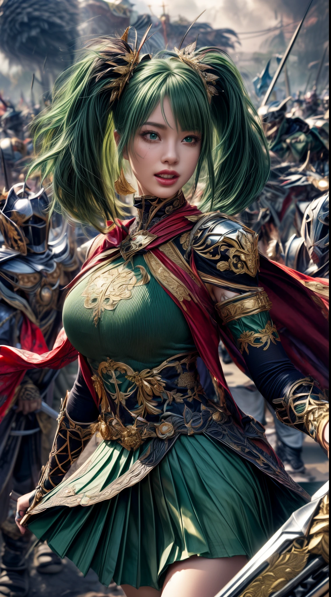 Very beautiful girl、laughing、Slender、(((low length)))、(Detailed face)、Realistic Skin、((holy knight)), ((Dark Green Armor))、((((Black armor with very fine and intricate decoration:1.1))))、((Delicate photo)),(Girl Astepeace RAW Photo Details:1.25), (highest quality:1.6), (超A high resolution:1.5), (Realistic:1.75), 8K resolution, Canon EOS R5, 50mm, Absurd, Ultra-detailed,Cinema Lighting,((battlefield))、((battle))、(((Decorative green skirt)))、Thigh-high socks、Shin Guards、((Dark green hair))、((Low Twintails))、((Hairstyle with bangulticolored Hair))、Get six-pack、Cape、Beautiful Armor、(((Has a huge weapon)))、(In combat)、The wind is blowing、((Symmetrical Armor))、((((tornado))))、(((Leading a large group of knights:1.2)))、Banner、Lion-themed armor