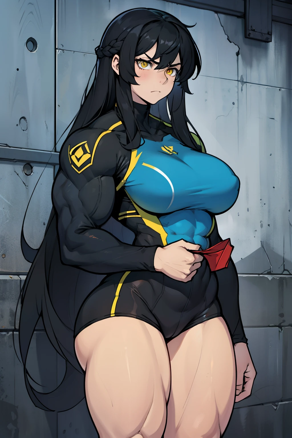huge muscles huge breasts huge thighs pale skin black hair yellow eyes very long hair muscular girl sad frown expressionless skintight