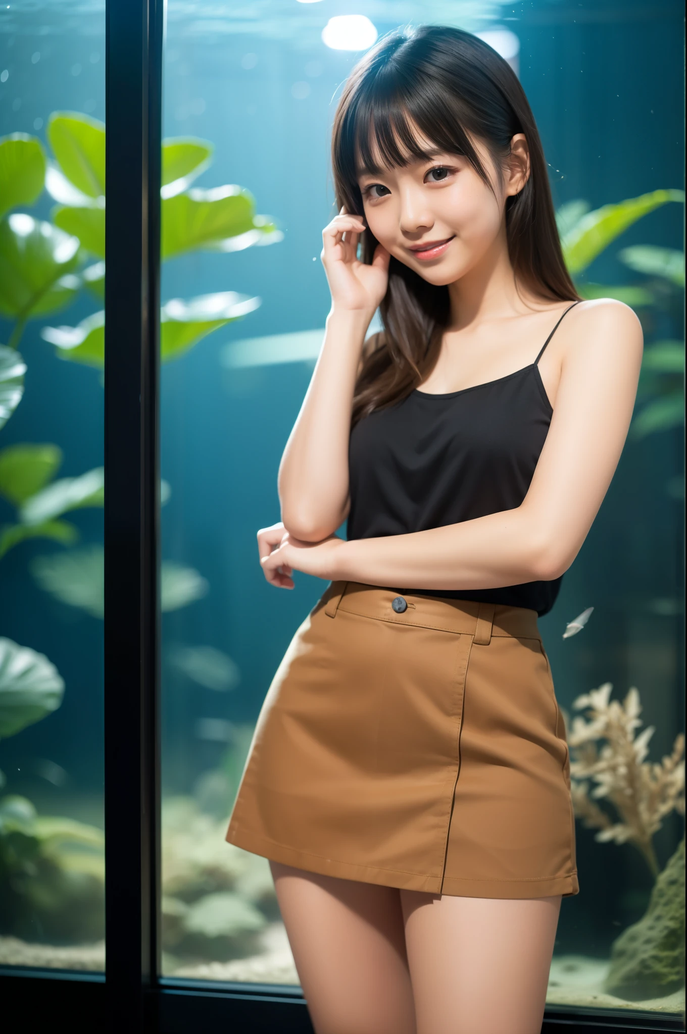 In 8K,highest quality:1.4, 超A high resolution:1.5, (Realistic:1.4),masterpiece:1.2,(highest quality:1.4)、 RAW Photos、(The background is blurred), Aquarium、Full Body Shot:1.5、 1 Japanese girl, cute, (alone), (A shy smile), Smooth Skin、(30 years old:1.4)、stand、Check mini skirt、cute mini skirt、 (Brown medium hair,bangs), (Touching your hair:1.4)、Nogizaka、cute、Flexible fingertips,Beautiful dark eyes、Natural skin texture:1.3, Realistic eye and facial details:1.7、Mid-breasted、Staring at the audience、Beautiful feet、autumn&#39;s、Long sleeve、Aquarium