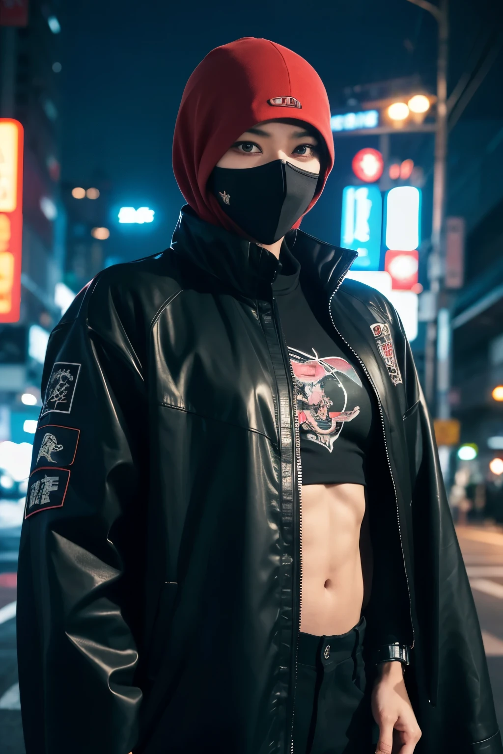 Japanese cartoons, A man wearing a black mask and black jacket, guweiz style artwork, Japanese cartoons cyberpunk art, guweiz, 4k Japanese cartoons wallpaper, badass Japanese cartoons 8 k, Japanese cartoons style 4 k, digital cyberpunk Japanese cartoons art, Japanese cartoons wallpaper 4 k, Japanese cartoons wallpaper 4k, 4k comic wallpaper, cyberpunk Japanese cartoons art, Gurwitz Masterpiece,Wearing future technology armor, wearing hijab