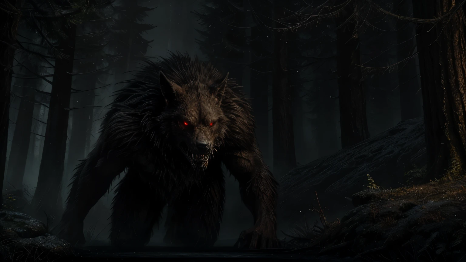 a werewolf with glowing red eyes,sharp teeth,partially lit by dramatic shadows,in a dense and dark shadow forest with mist to create an atmosphere of mystery and danger,(best quality,4k,8k,highres,masterpiece:1.2),ultra-detailed,(realistic,photorealistic,photo-realistic:1.37),horror,dark fantasy,cinematic lighting,moody,dramatic,chiaroscuro,intricate details
