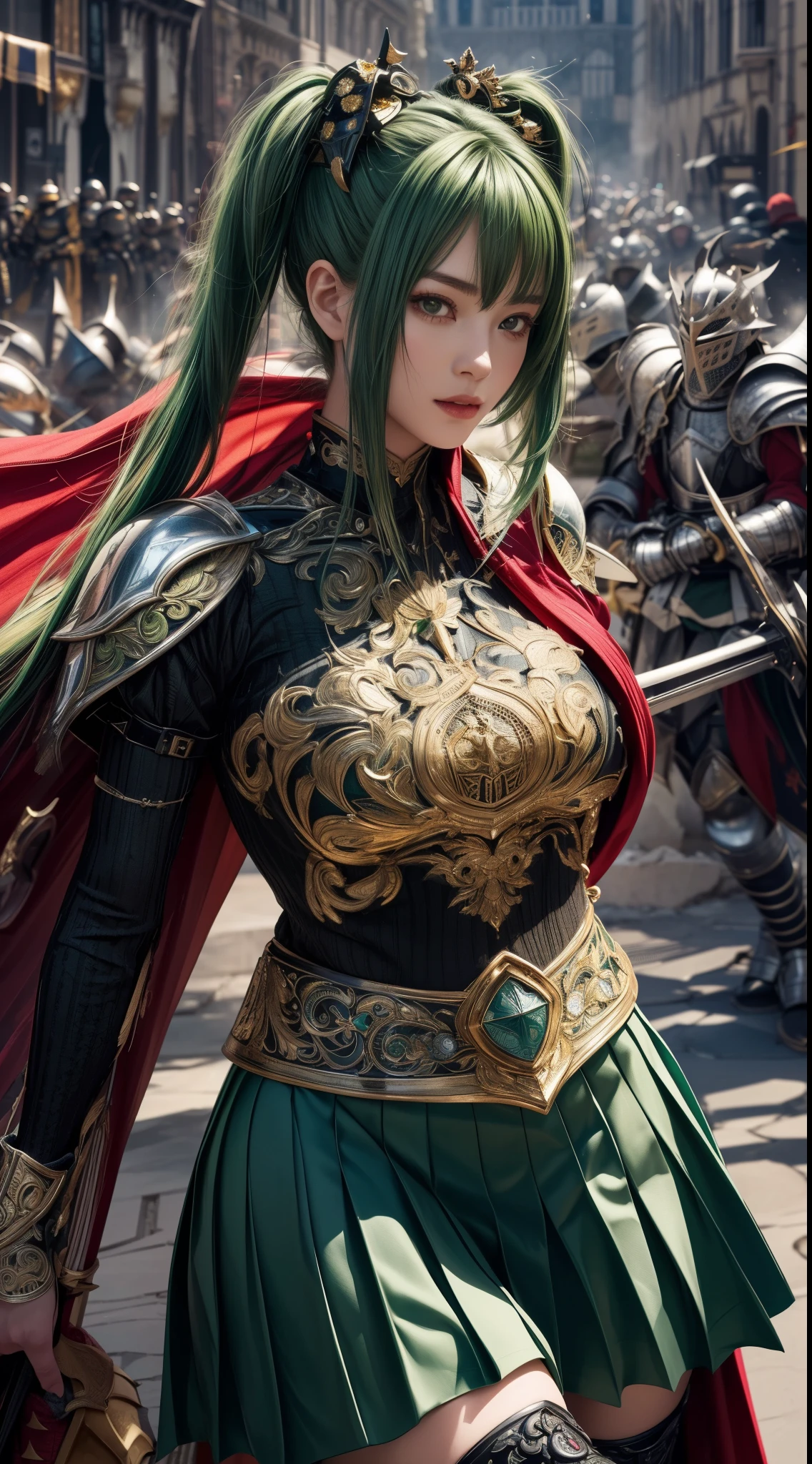 Very beautiful girl、、Slender、(((low length)))、(Detailed face)、Realistic Skin、((holy knight)), ((Dark Green Armor))、((((Black armor with very fine and intricate decoration:1.1))))、((Delicate photo))，(Girl Astepeace RAW Photo Details:1.25), (highest quality:1.6), (超A high resolution:1.5), (Realistic:1.75), 8K resolution, Canon EOS R5, 50mm, Absurd, Ultra-detailed,Cinema Lighting,((battlefield))、((battle))、(((Decorative green skirt)))、Thigh-high socks、Shin Guards、((Dark green hair))、((Low Twintails))、((Hairstyle with bangulticolored Hair))、Get six-pack、Cape、Beautiful Armor、(((Has a huge weapon)))、(In combat)、The wind is blowing、((Symmetrical Armor))、((((tornado))))、(((Leading a large group of knights:1.2)))、Banner、Lion-themed armor