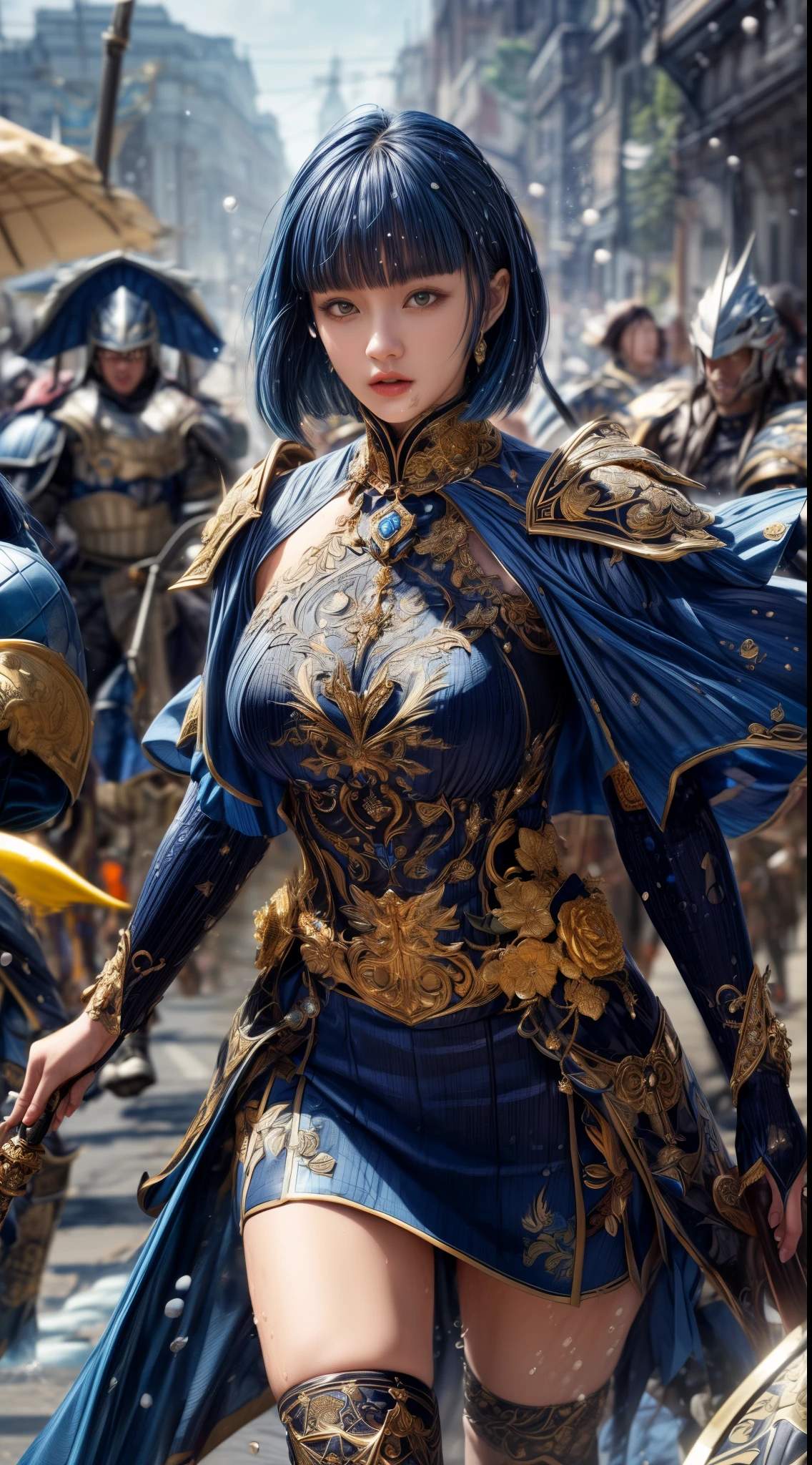 Professional , masterpiece、top-quality、photos realistic , depth of fields 、(Gemstone Blue Metal Body:1.2),(Matte Blue Black、(Standing in the church)、gold patterns、Wind-effect、Light Effects、Wind-effect、magic circles、(cleavage of the breast)、Dragon Gold Weapon(Dragon Metal Body:1.4),Gorgeous gold weapons ,(Particles of light)、(Strange expressions)、Mystical expression、16-year-old beautiful girl、(( Dragon's dense and gorgeous sword)) , Ultimate Beauty 、((Blue hair))、(Castle background)、The dragon、((Gangle's forest background))、Beautiful Caucasian beauty、(1a person)、dynamic ungle,(((Details of the two demon horns on the head)))、Smaller head、A smile、Castle background、Thin and beautiful female hands、cleavage of the breast、Soldier in iron armor on background、Mystical expression、Light Effects、Wind-effect、magic circles、With the legendary magic wand、(demonic wings)、(Blue hair)、(1 persons)、Battle Look、Anatomically correct body、Toostock、Toostock、