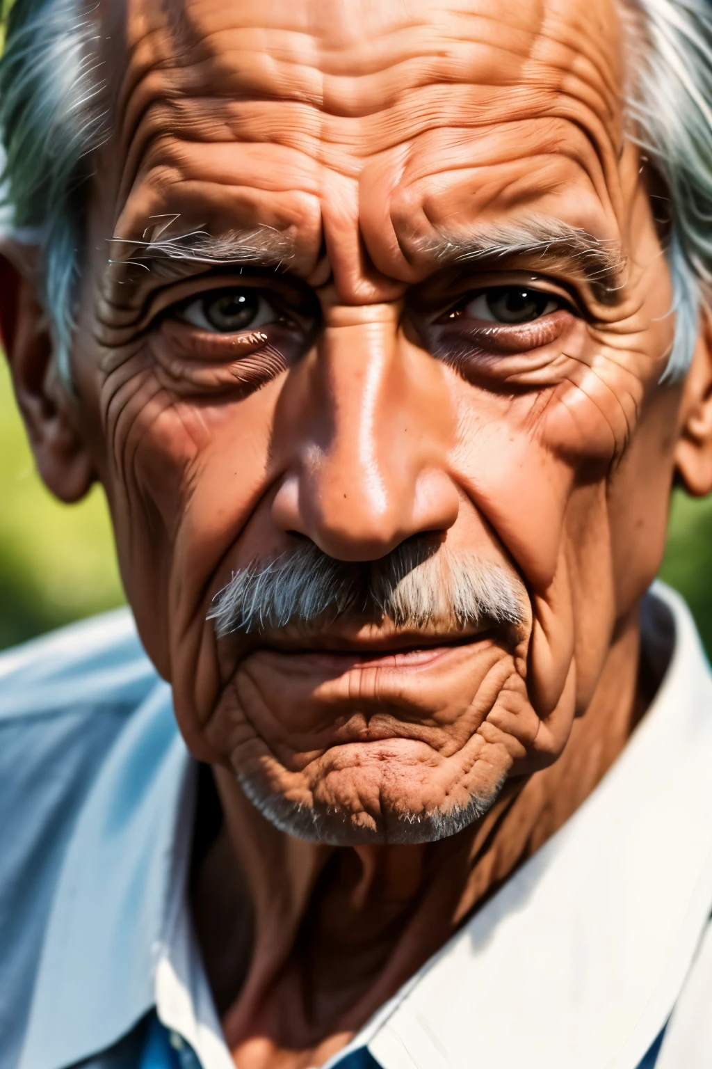 A detailed and macro photograph of an elderly man's face, captured using a Sony A7r camera with an FE 50mm - F 2.8 GM lens.