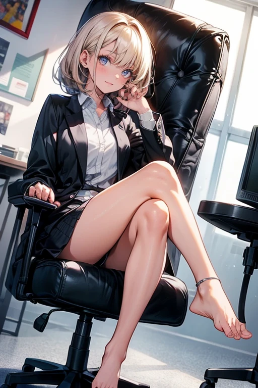 1lady,solo,cute,sitting on chair,show feet,show sole of foot,in office room,perfect toe,five fingers,low angle