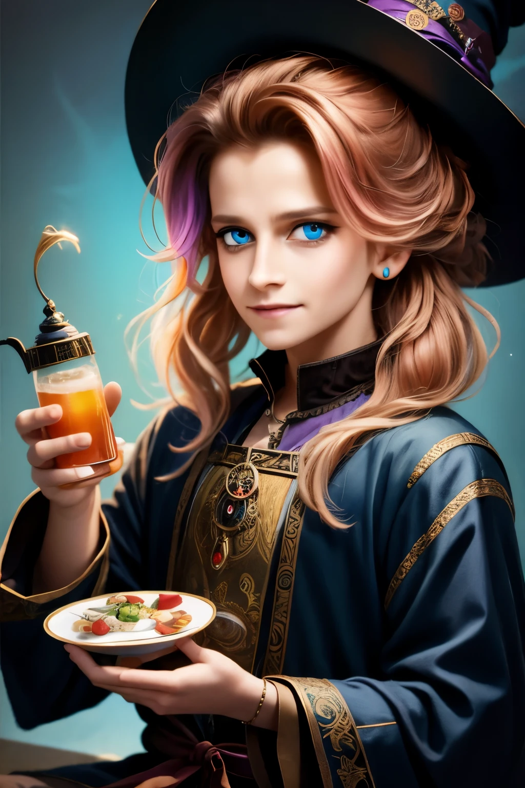 Masterpiece, best quality, wizard tea party, chibi, handsome male witch, beautiful witch, highly detailed realistic eyes, happy, vibrant, colorful,