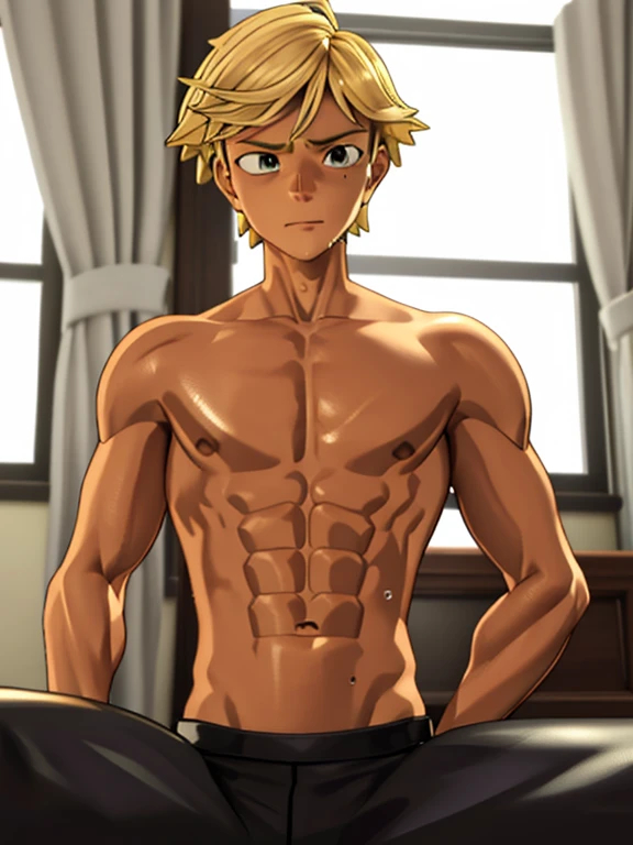 8k, RAW, Masterpiece, Best quality at best, Best Quality, high quality, high detailed, boy, 1boy, blonde, chiseled abs, chiseled pecs, sweating, wet, glistening skin, shiny skin, oiled up, black tank top, (masterpiece, 3D anime style, more detail, ultra detail), adult boy, upper body, sitting down, chiseled abs, chiseled pecs, indoors, exhausted, 