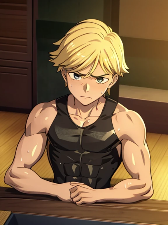 8k, RAW, Masterpiece, Best quality at best, Best Quality, high quality, high detailed, boy, 1boy, blonde, chiseled abs, chiseled pecs, sweating, wet, glistening skin, shiny skin, oiled up, black tank top, (masterpiece, 3D anime style, more detail, ultra detail), adult boy, upper body, sitting down, chiseled abs, chiseled pecs, indoors, exhausted, 